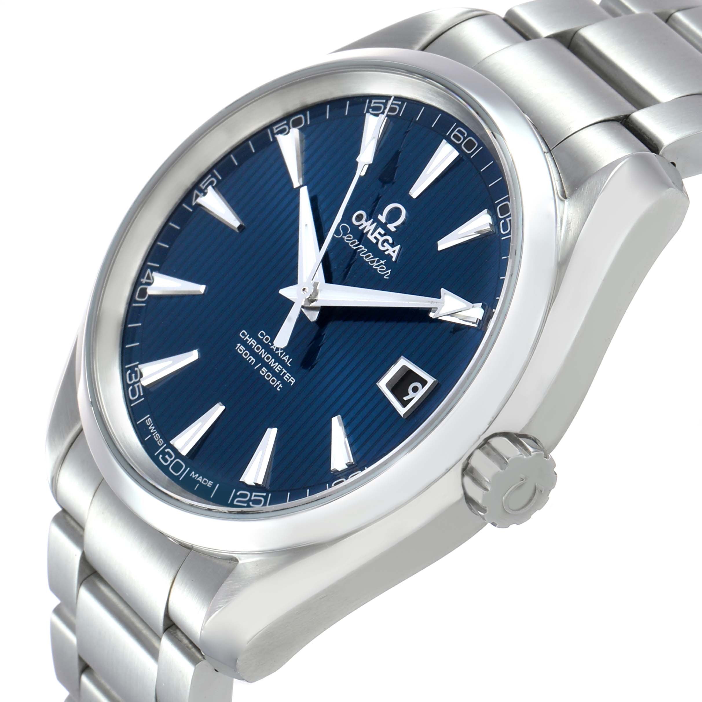 The Omega Aqua Terra 231.10.42.21.03.001 Men's Stainless Steel Blue Dial watch is shown from a three-quarter angle, highlighting the dial, bezel, crown, and bracelet.