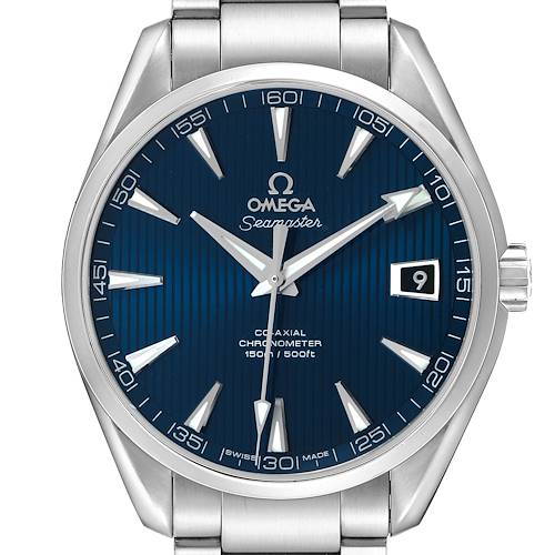 The Omega Aqua Terra 231.10.42.21.03.001 Men's Stainless Steel Blue Dial watch is shown from the front, displaying its dial, hands, date window, and part of the bracelet.