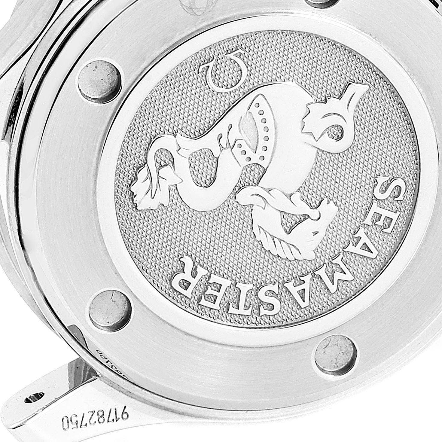 The image shows the back cover of the Omega 212.30.28.61.51.001 Women's Stainless Steel Black Dial 212.30.28.61.51.001 Women's Stainless Steel Black Dial Seamaster Black Dial Diamond Ladies Watch 212.30.28.61.51.001.