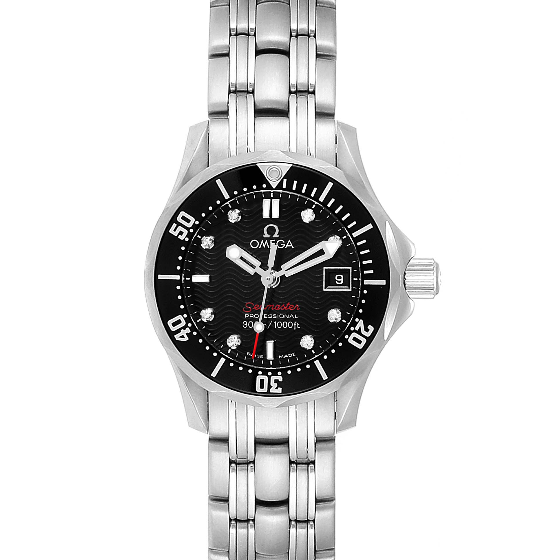 The image shows a frontal view of the Omega 212.30.28.61.51.001 Women's Stainless Steel Black Dial 212.30.28.61.51.001 Women's Stainless Steel Black Dial Seamaster Black Dial Diamond Ladies Watch 212.30.28.61.51.001, highlighting the dial, bezel, and bracelet.