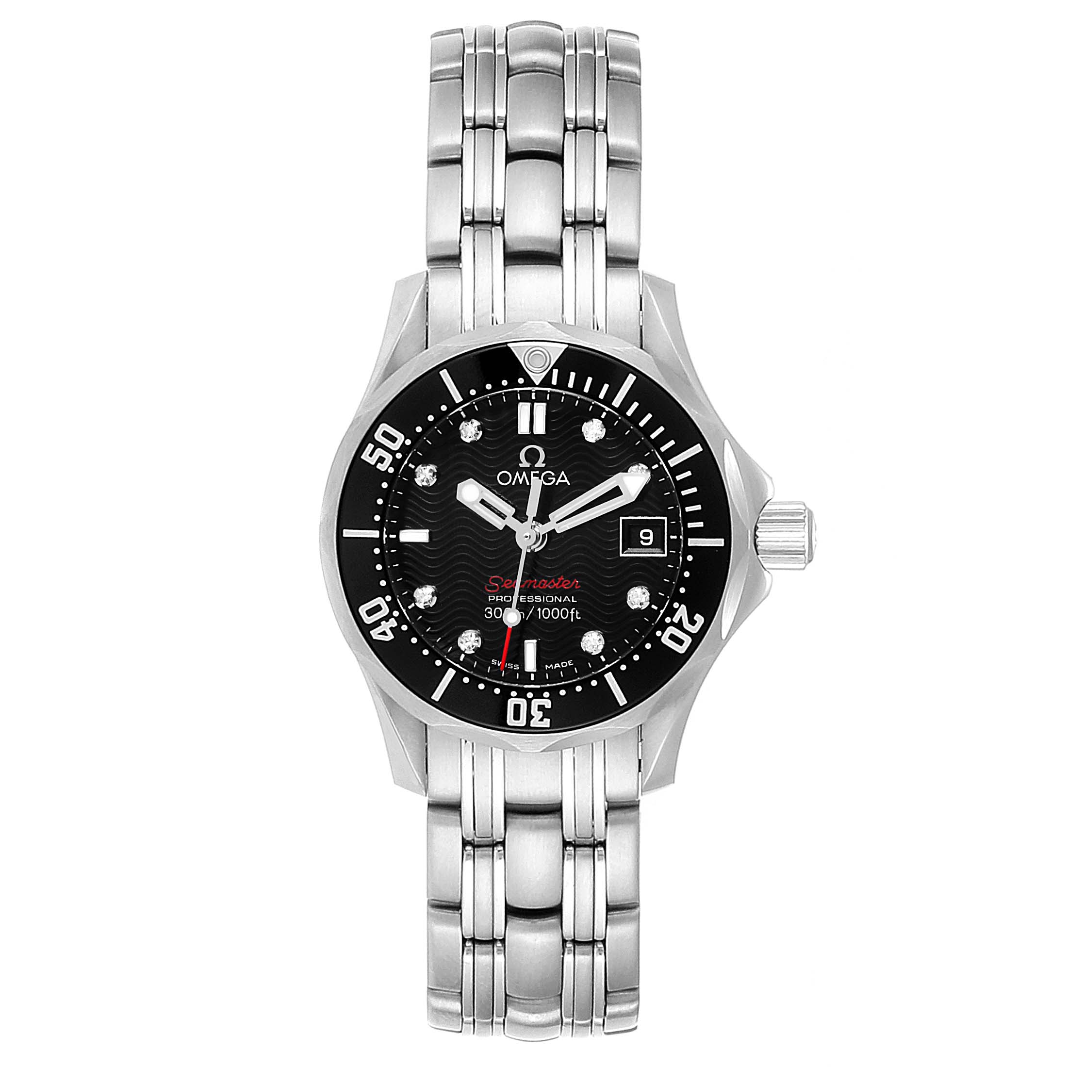 The image shows a front view of the Omega 212.30.28.61.51.001 Women's Stainless Steel Black Dial 212.30.28.61.51.001 Women's Stainless Steel Black Dial Seamaster Black Dial Diamond Ladies Watch 212.30.28.61.51.001, displaying its dial and bracelet.