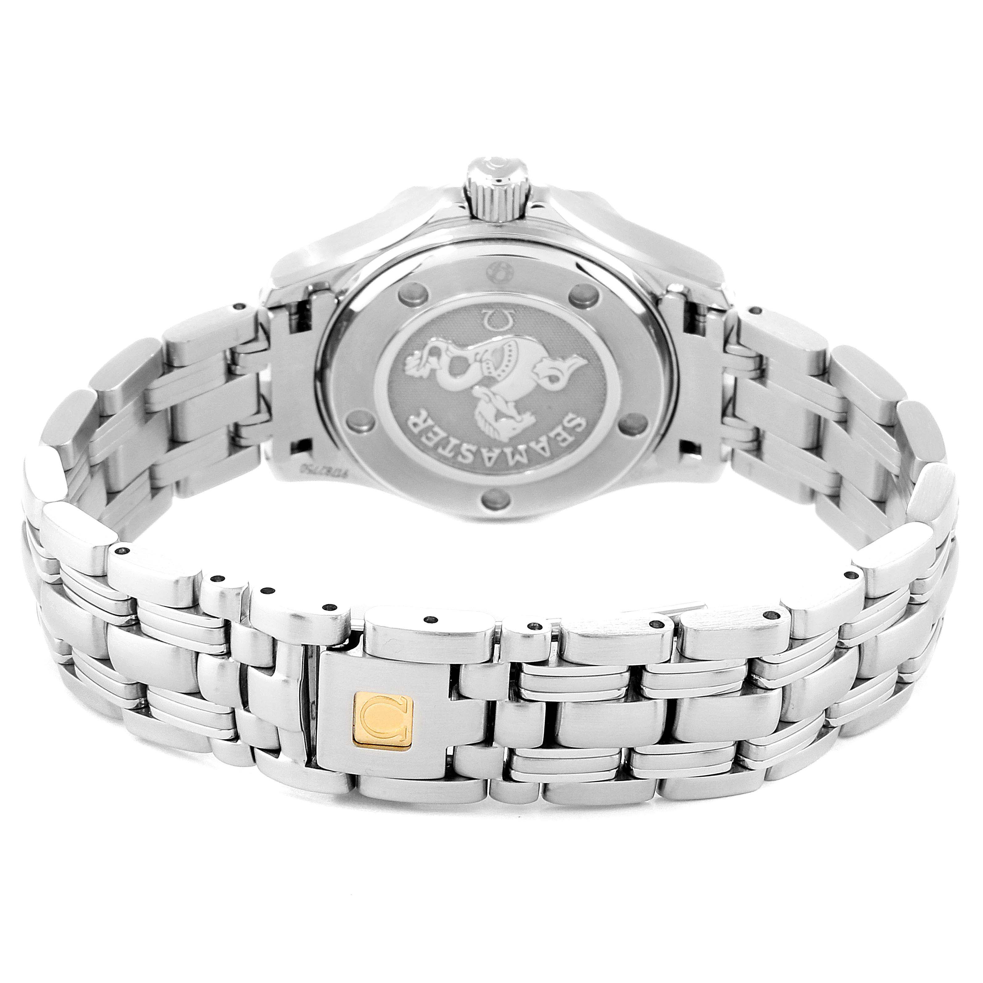 The image shows the back and bracelet of the Omega 212.30.28.61.51.001 Women's Stainless Steel Black Dial 212.30.28.61.51.001 Women's Stainless Steel Black Dial Seamaster Black Dial Diamond Ladies Watch 212.30.28.61.51.001.