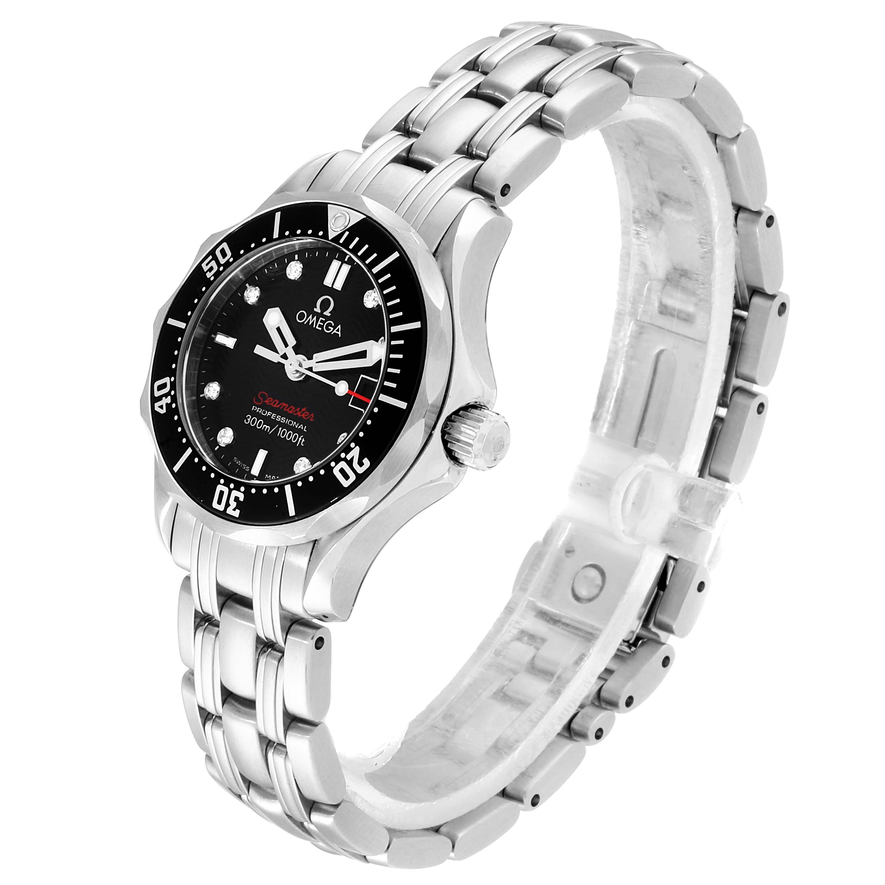 The Omega 212.30.28.61.51.001 Women's Stainless Steel Black Dial 212.30.28.61.51.001 Women's Stainless Steel Black Dial Seamaster Black Dial Diamond Ladies Watch model 212.30.28.61.51.001 is shown at a three-quarter angle highlighting its face, bezel, and bracelet.