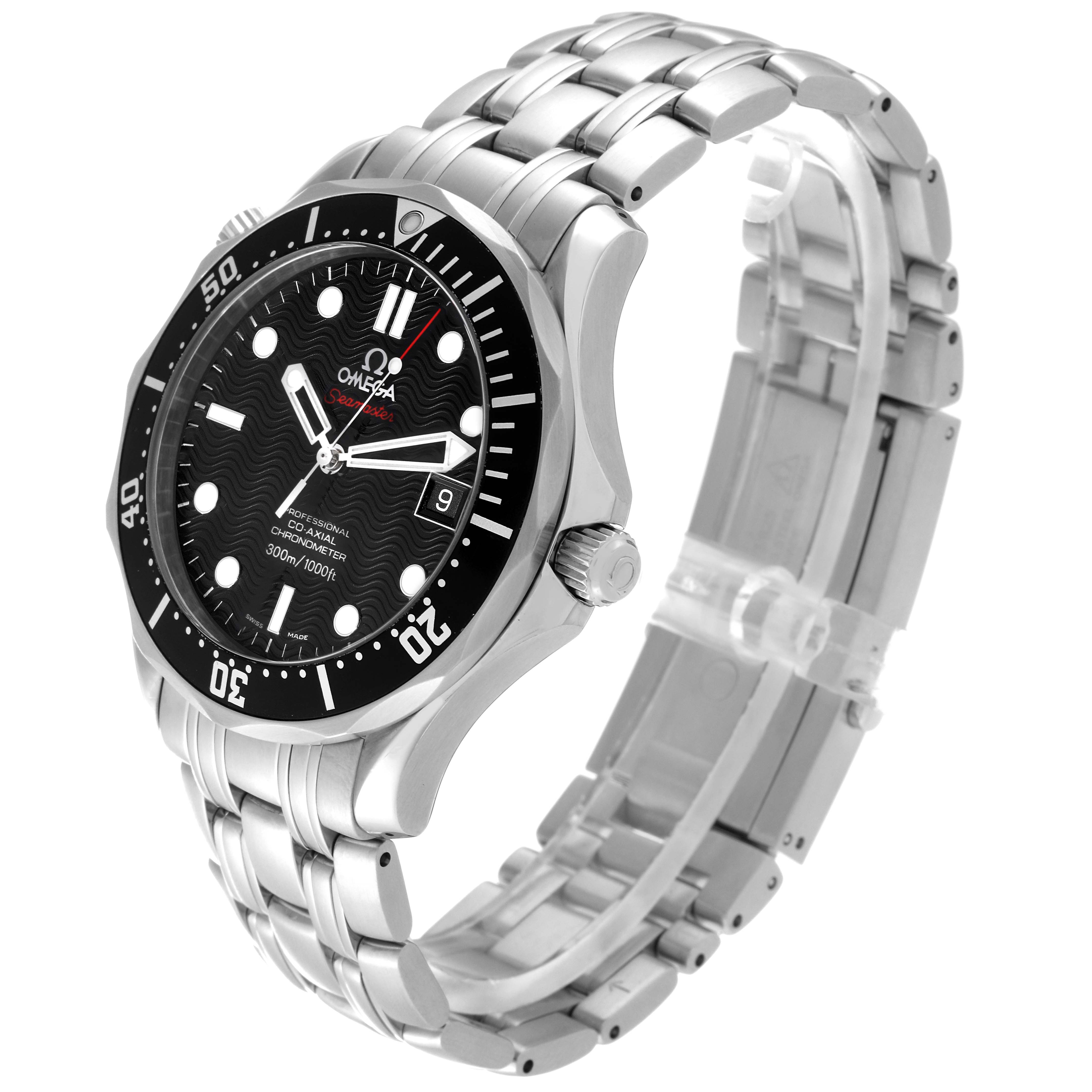 The image shows a side-angle view of an Omega Seamaster 212.30.41.20.01.002 Men
s Stainless Steel Black Dial 212.30.41.20.01.002 Men
s Stainless Steel Black Dial watch, highlighting its stainless steel strap, black dial, and bezel.