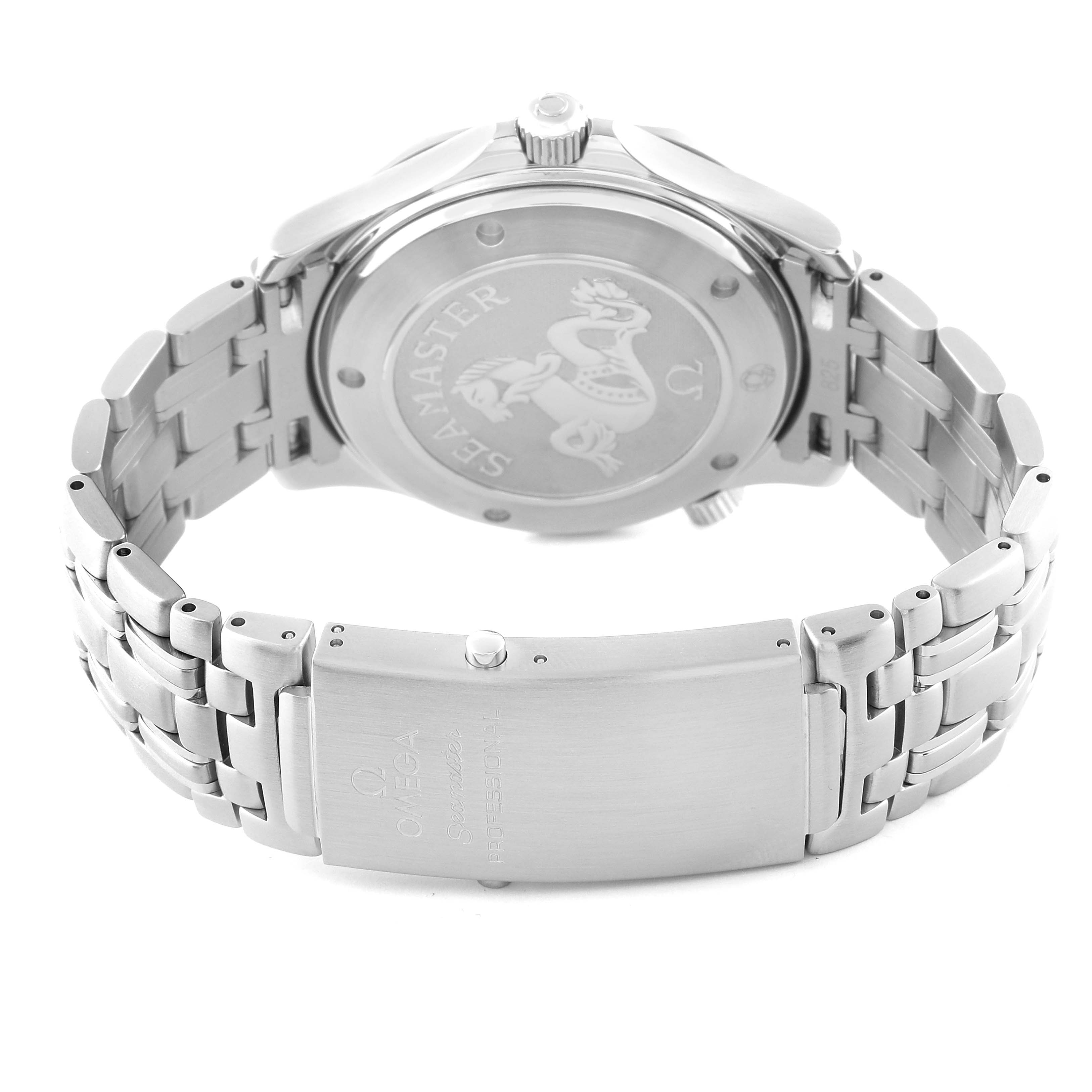 This image shows the back case and bracelet clasp of an Omega Seamaster 212.30.41.20.01.002 Men
s Stainless Steel Black Dial 212.30.41.20.01.002 Men
s Stainless Steel Black Dial watch at a rear angle.