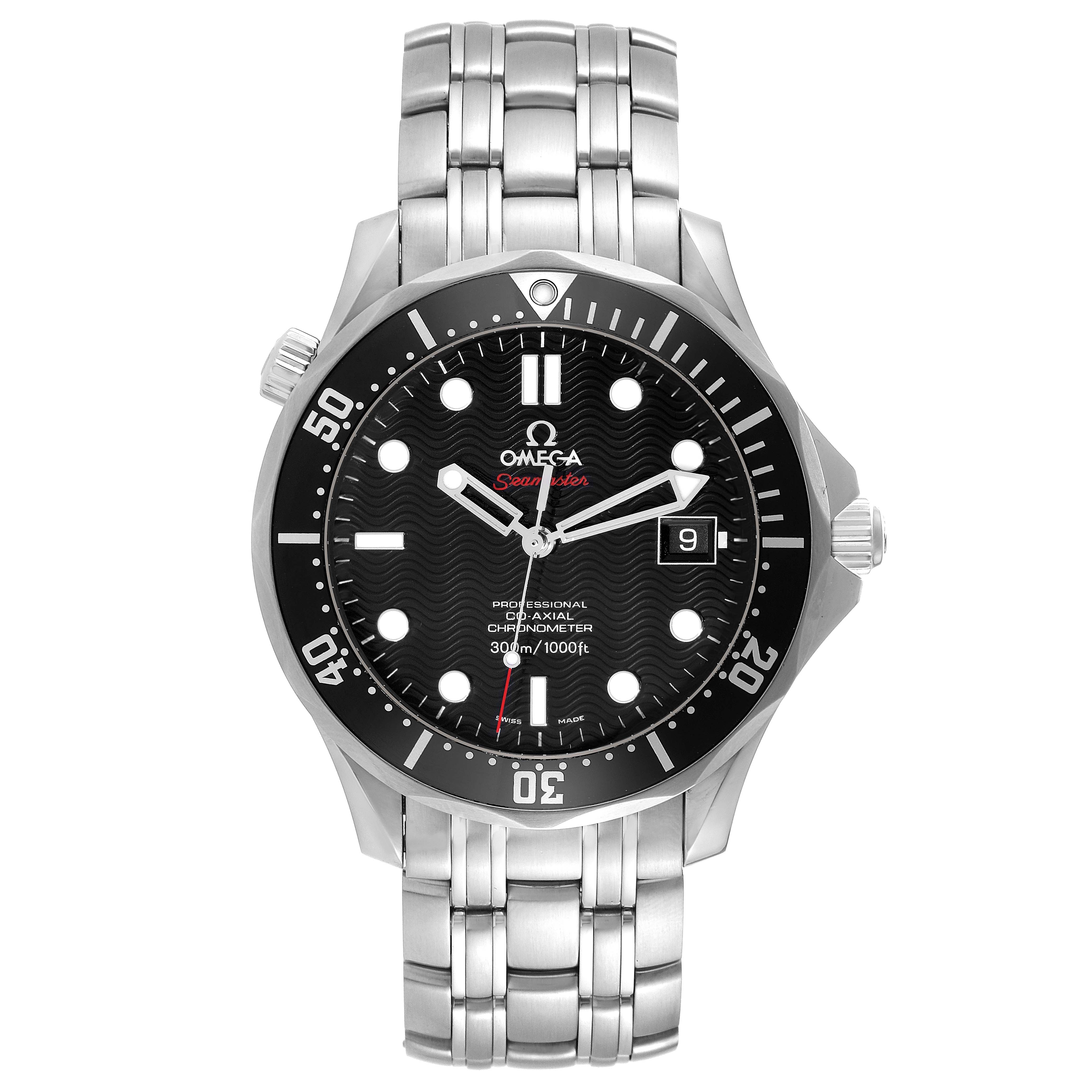 This Omega Seamaster 212.30.41.20.01.002 Men
s Stainless Steel Black Dial 212.30.41.20.01.002 Men
s Stainless Steel Black Dial watch is shown from a front angle, displaying the face, bezel, and bracelet.