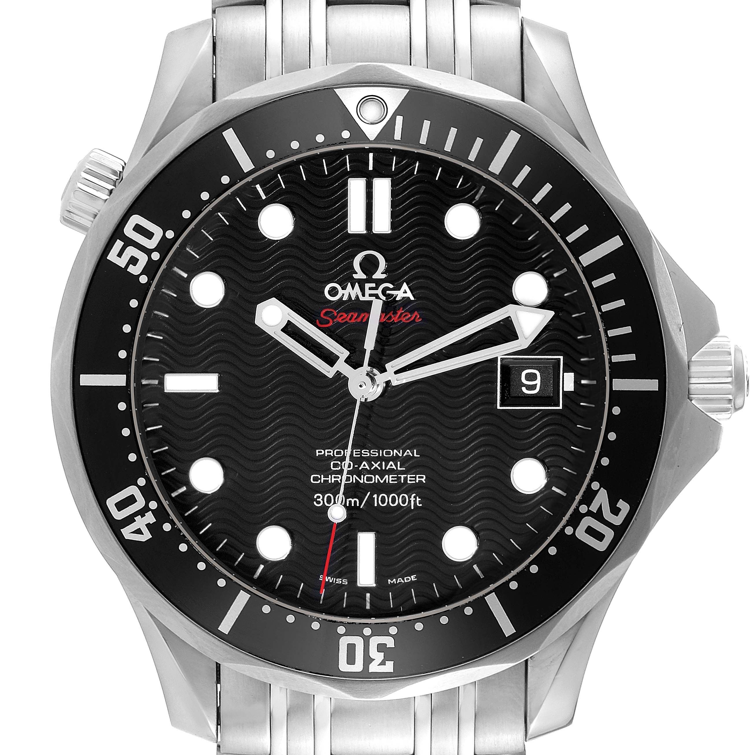 The image shows a frontal view of the Omega Seamaster 212.30.41.20.01.002 Men
s Stainless Steel Black Dial 212.30.41.20.01.002 Men
s Stainless Steel Black Dial watch, highlighting its face, bezel, crown, and part of the bracelet.