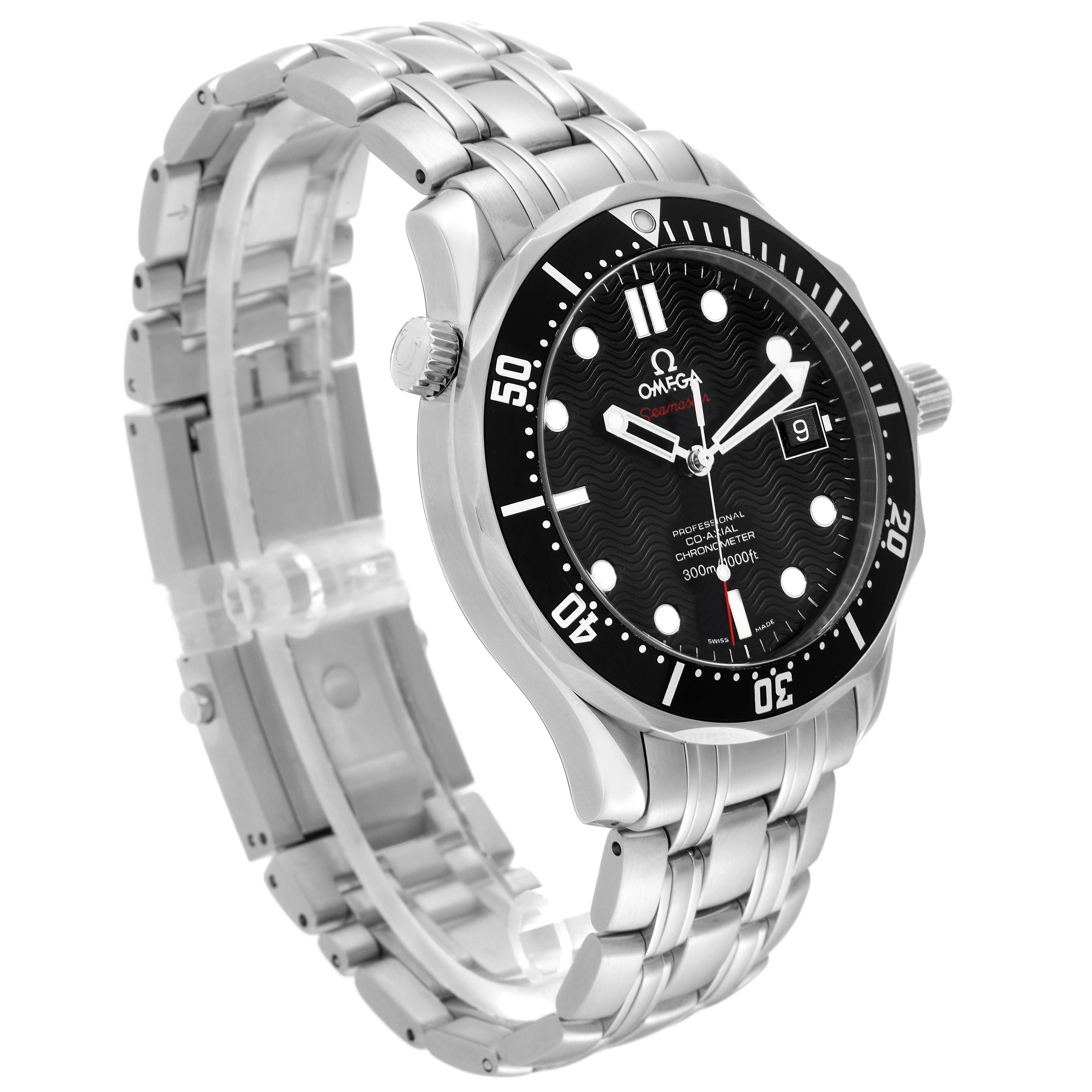 The Omega Seamaster 212.30.41.20.01.002 Men
s Stainless Steel Black Dial 212.30.41.20.01.002 Men
s Stainless Steel Black Dial watch is shown at a side angle, highlighting the face, bezel, crown, and stainless steel bracelet.