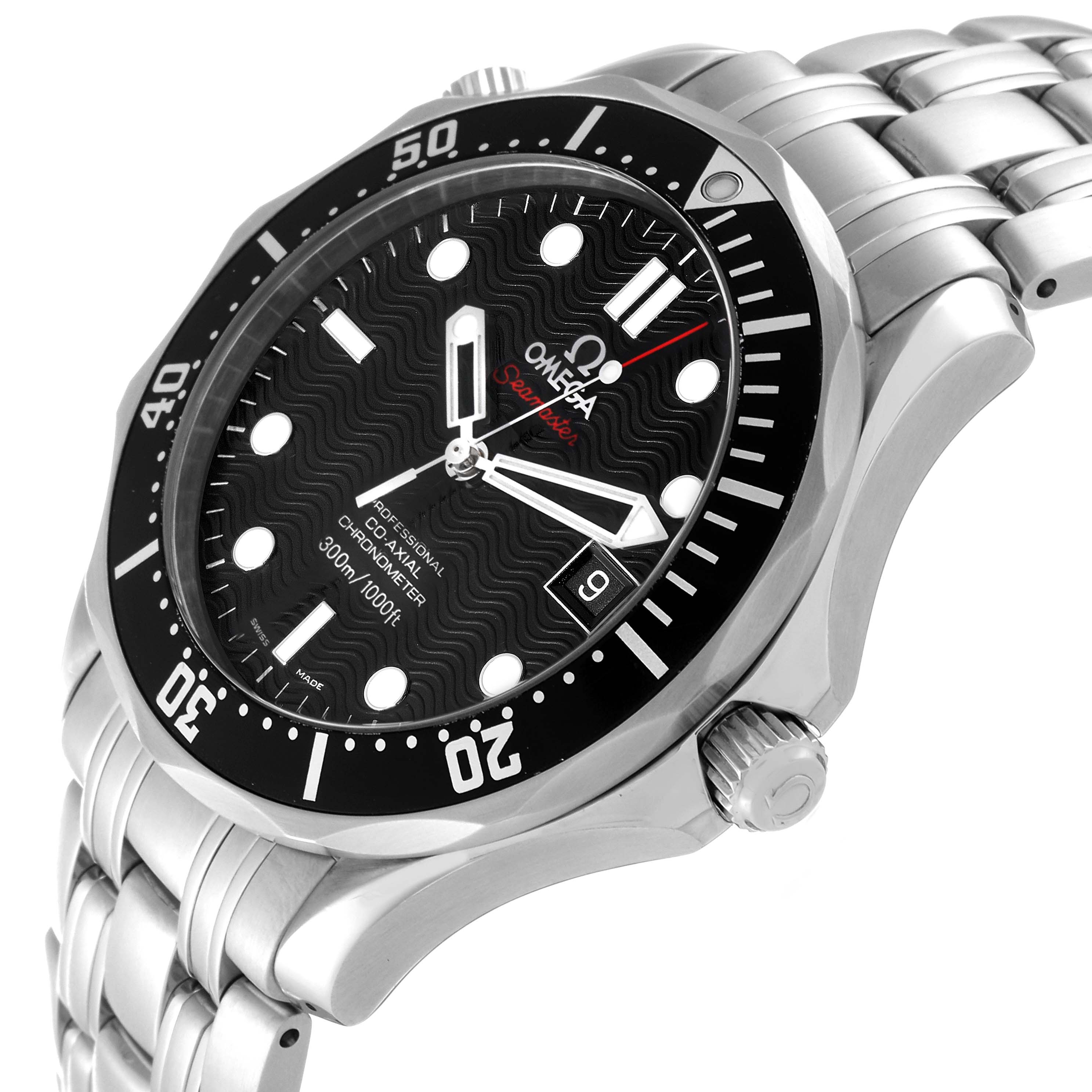 The image shows the dial, bezel, and bracelet of the Omega Seamaster 212.30.41.20.01.002 Men
s Stainless Steel Black Dial 212.30.41.20.01.002 Men
s Stainless Steel Black Dial watch at an angled side view.