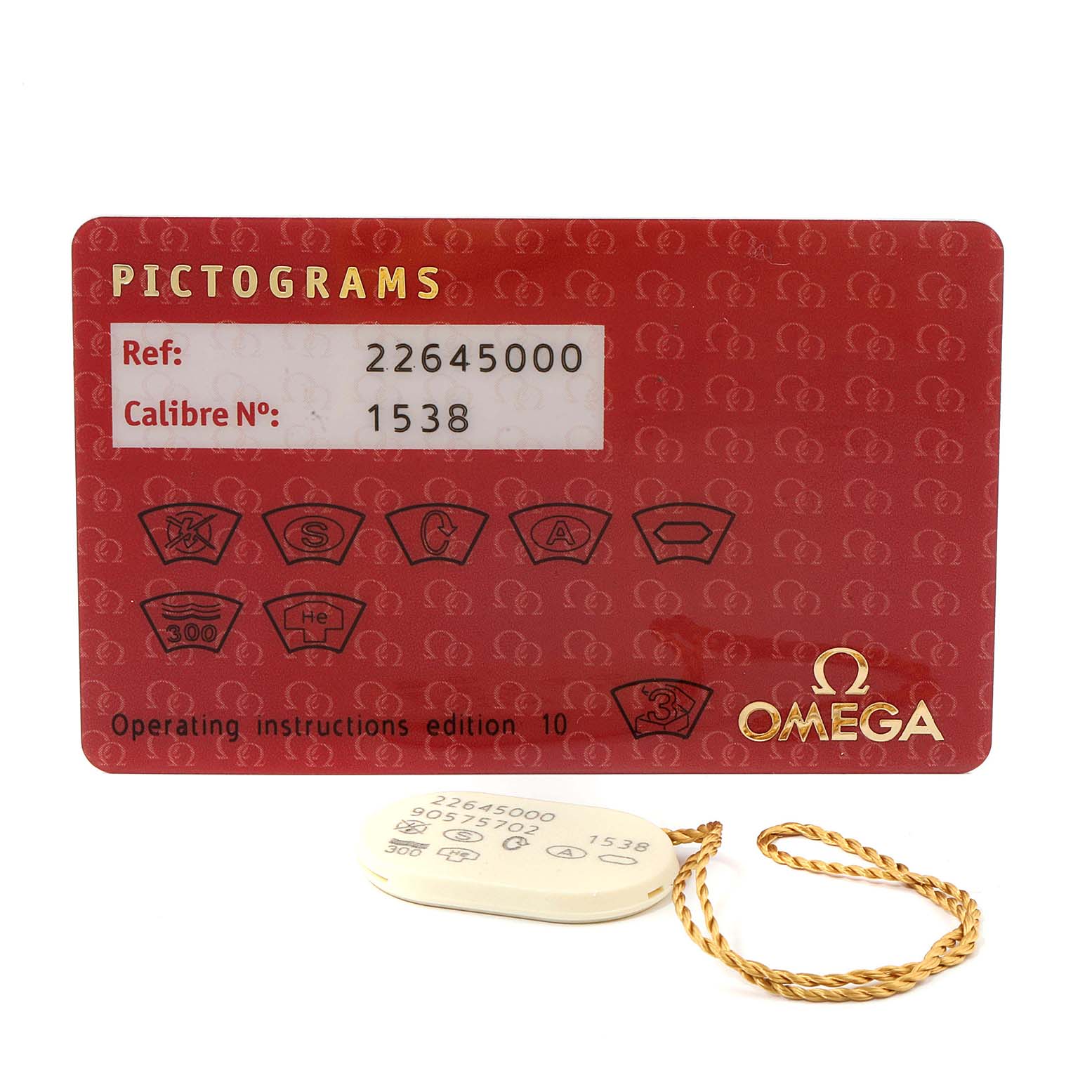 The image shows a pictogram card and a tag with a string for the Omega Seamaster 2264.50.00 Men
s Stainless Steel Black Dial 2264.50.00 Men
s Stainless Steel Black Dial watch.