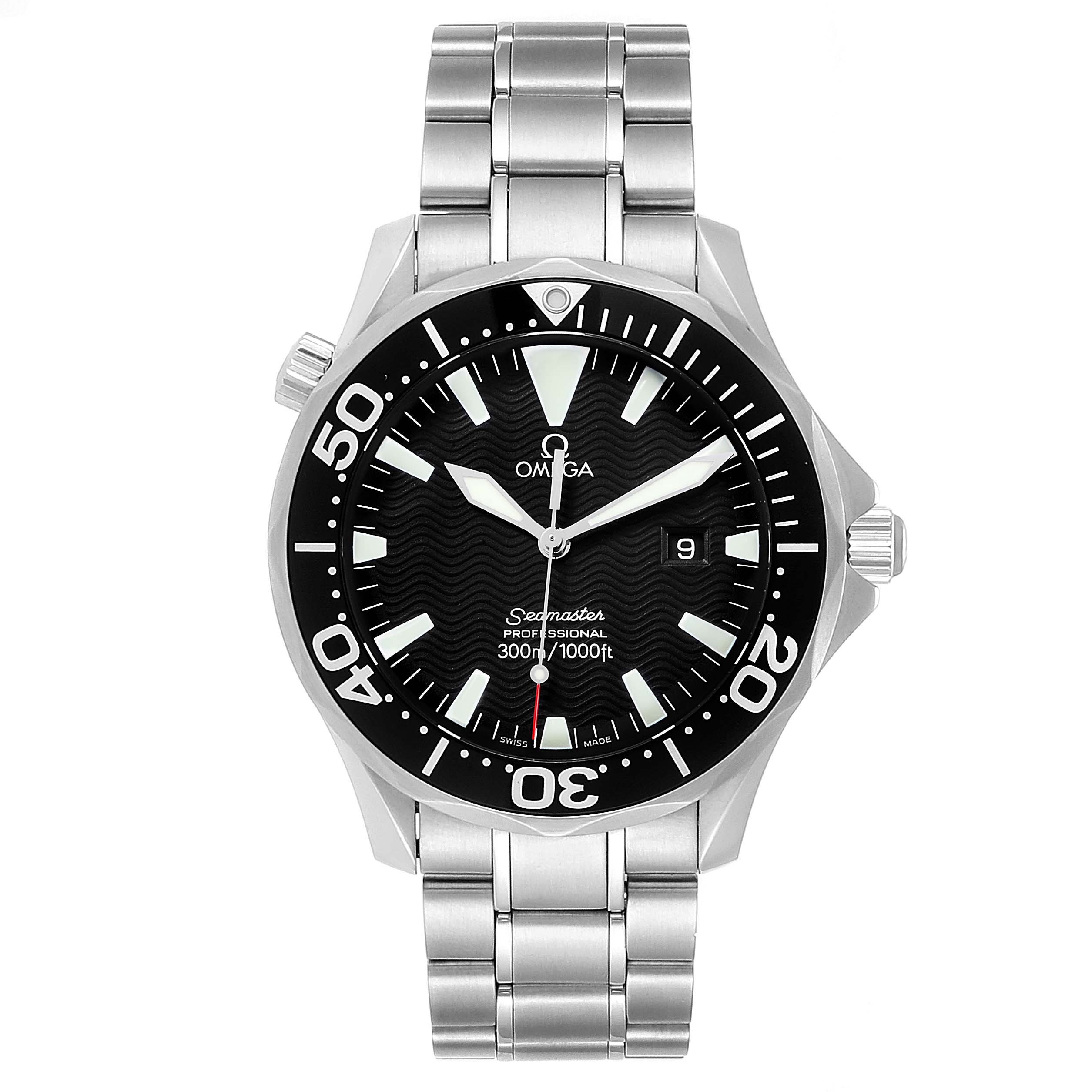 The image shows the front view of an Omega Seamaster 2264.50.00 Men
s Stainless Steel Black Dial 2264.50.00 Men
s Stainless Steel Black Dial watch, displaying the dial, bezel, and bracelet.