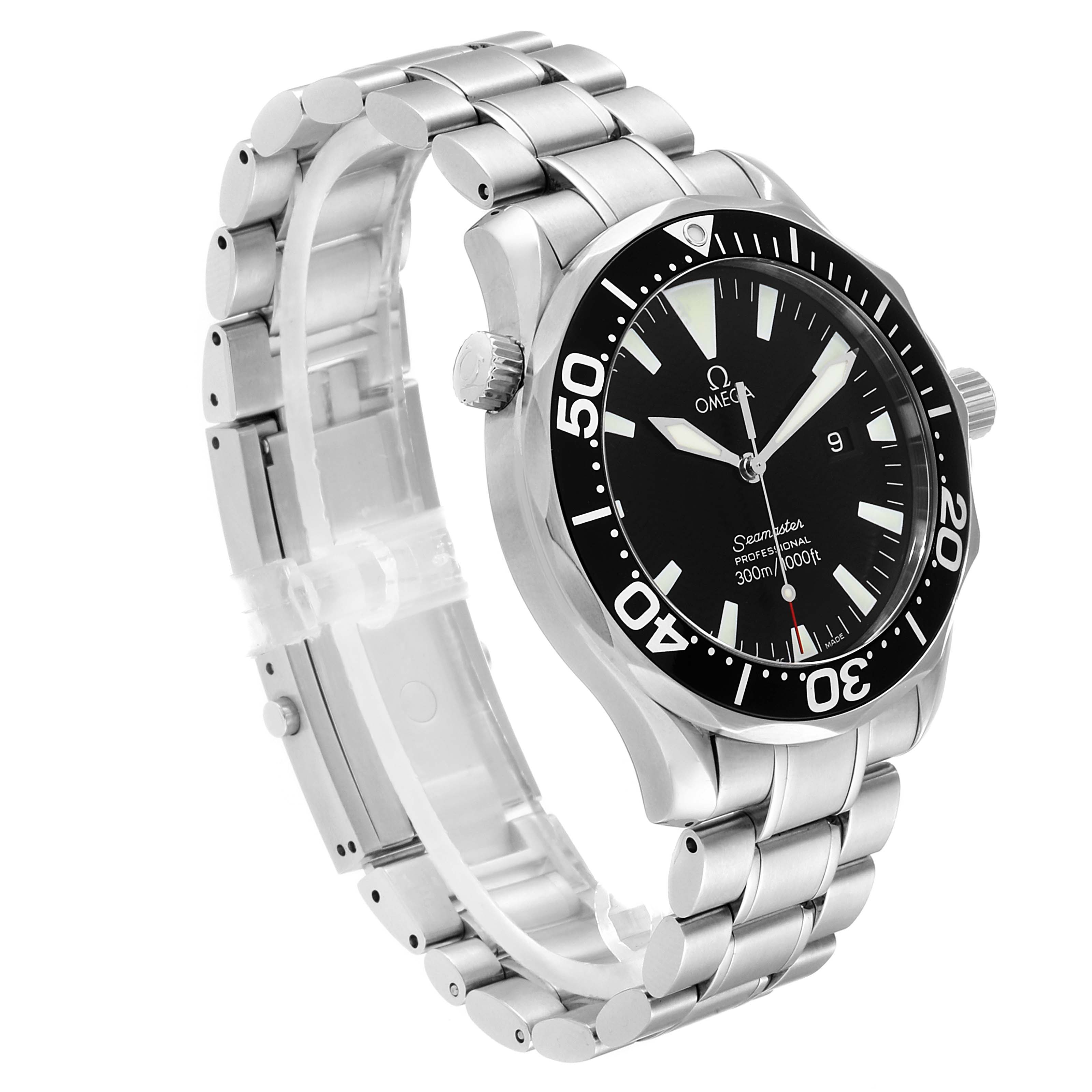 The image shows an Omega Seamaster 2264.50.00 Men
s Stainless Steel Black Dial 2264.50.00 Men
s Stainless Steel Black Dial watch at a three-quarter view, highlighting the face, bezel, crown, and stainless steel bracelet.