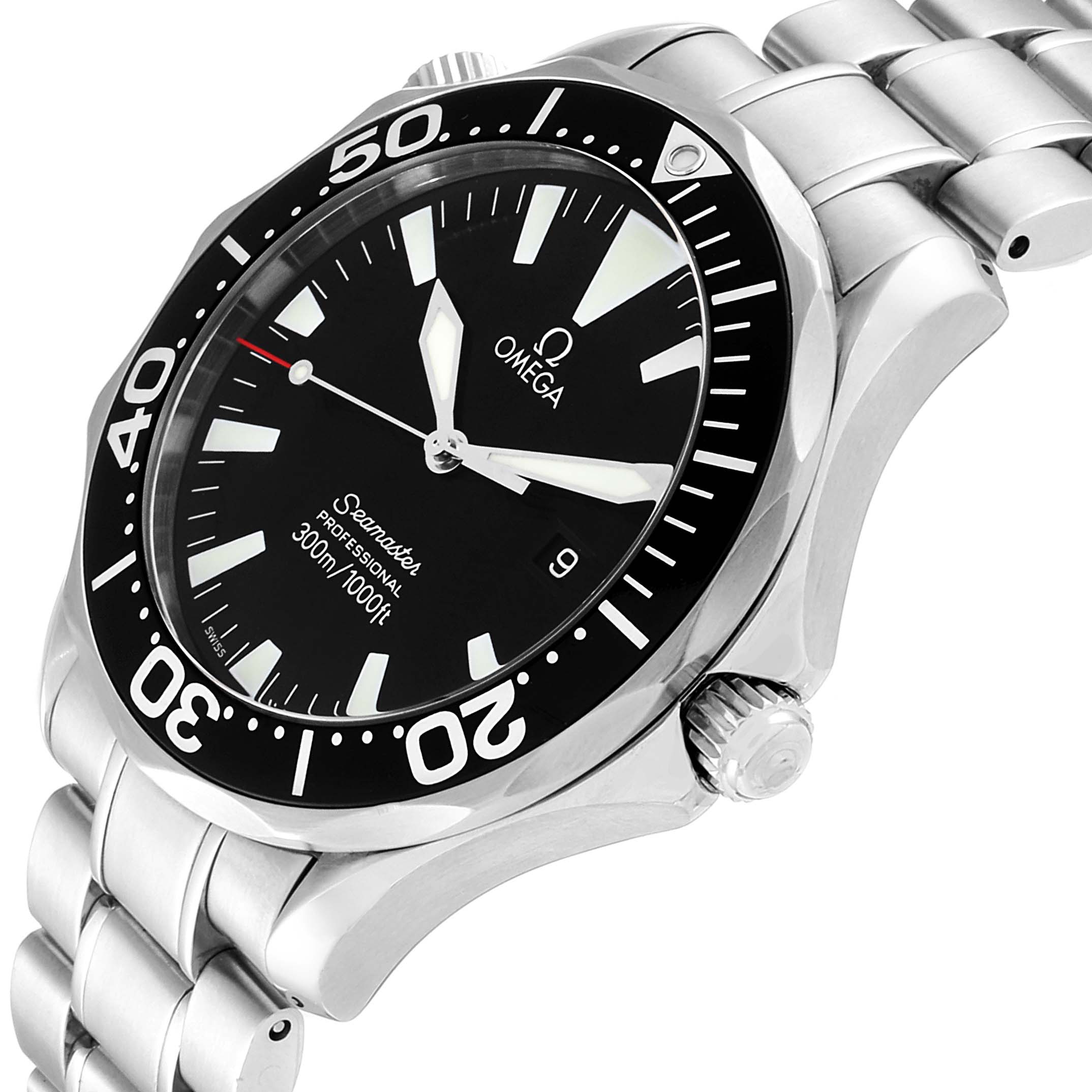 This image shows an angled view of the dial, bezel, crown, and bracelet of the Omega Seamaster 2264.50.00 Men
s Stainless Steel Black Dial 2264.50.00 Men
s Stainless Steel Black Dial watch.