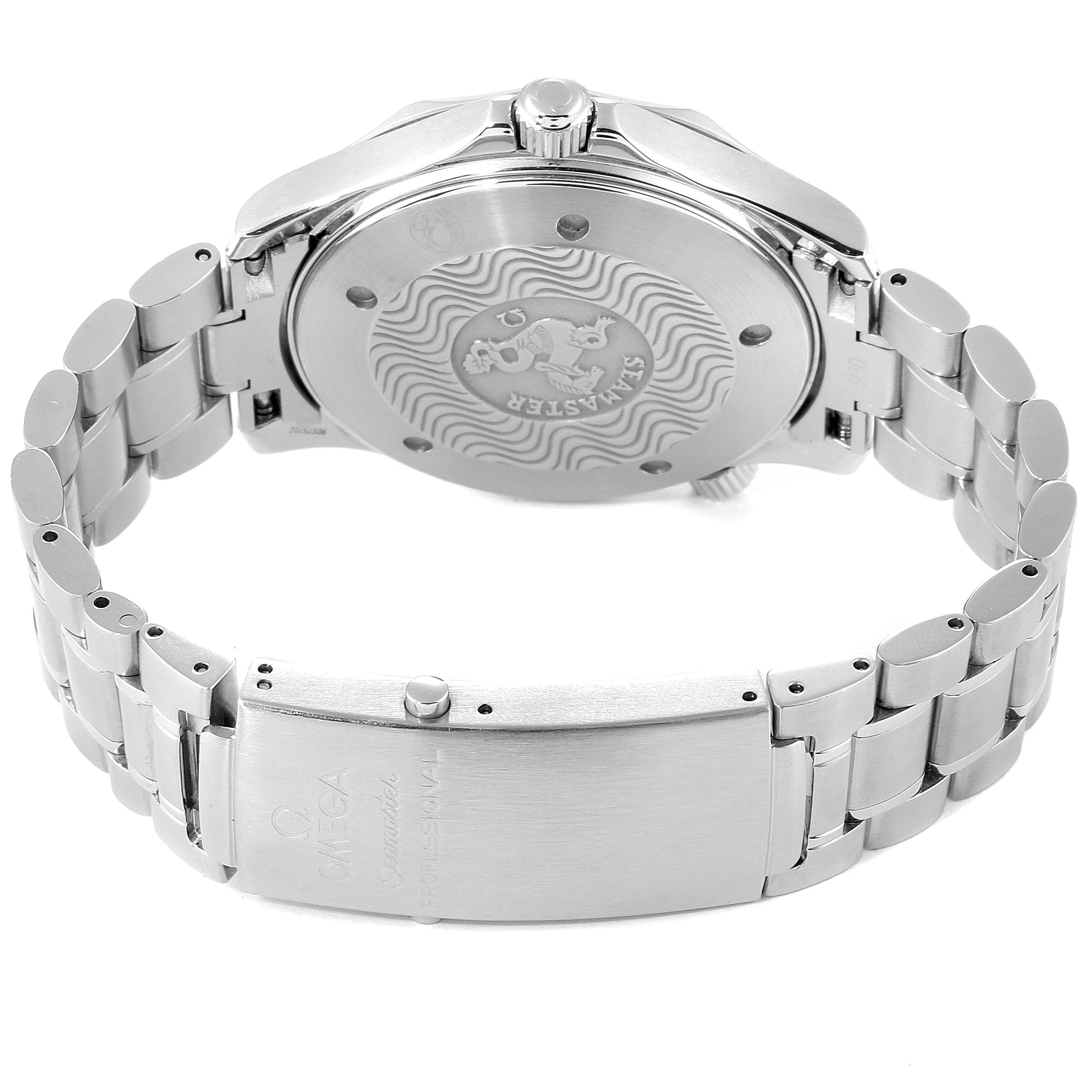 The image shows the rear view of an Omega Seamaster 2264.50.00 Men
s Stainless Steel Black Dial 2264.50.00 Men
s Stainless Steel Black Dial watch, highlighting the case back, crown, and bracelet with the clasp.