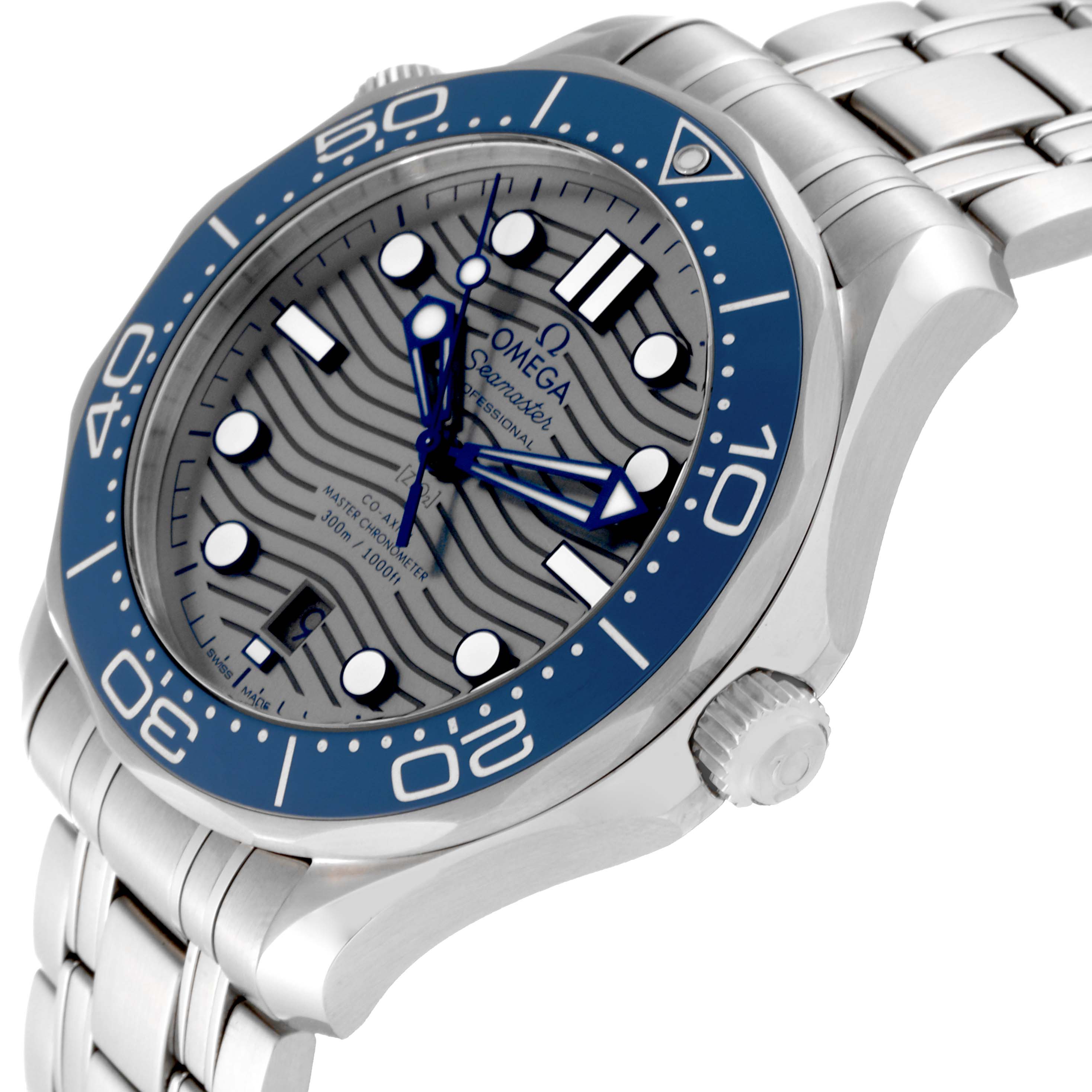 The image shows a side-angle view of an Omega Seamaster 210.30.42.20.06.001 Men's Stainless Steel Grey Dial 210.30.42.20.06.001 Men's Stainless Steel Grey Dial watch, highlighting the bezel, dial, and part of the bracelet.