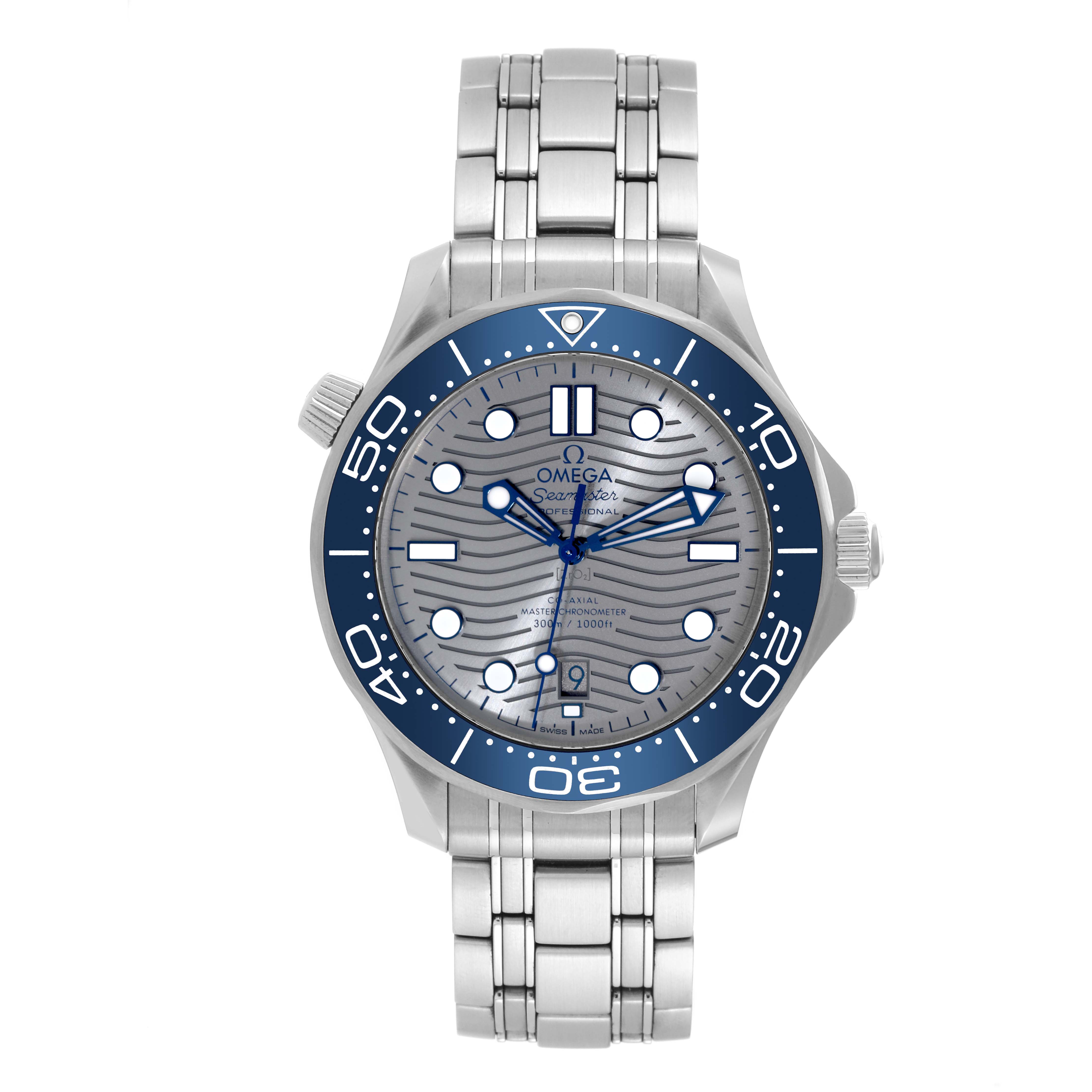 The image shows a front view of an Omega Seamaster 210.30.42.20.06.001 Men's Stainless Steel Grey Dial 210.30.42.20.06.001 Men's Stainless Steel Grey Dial watch, featuring its blue bezel, silver dial, and metal bracelet.