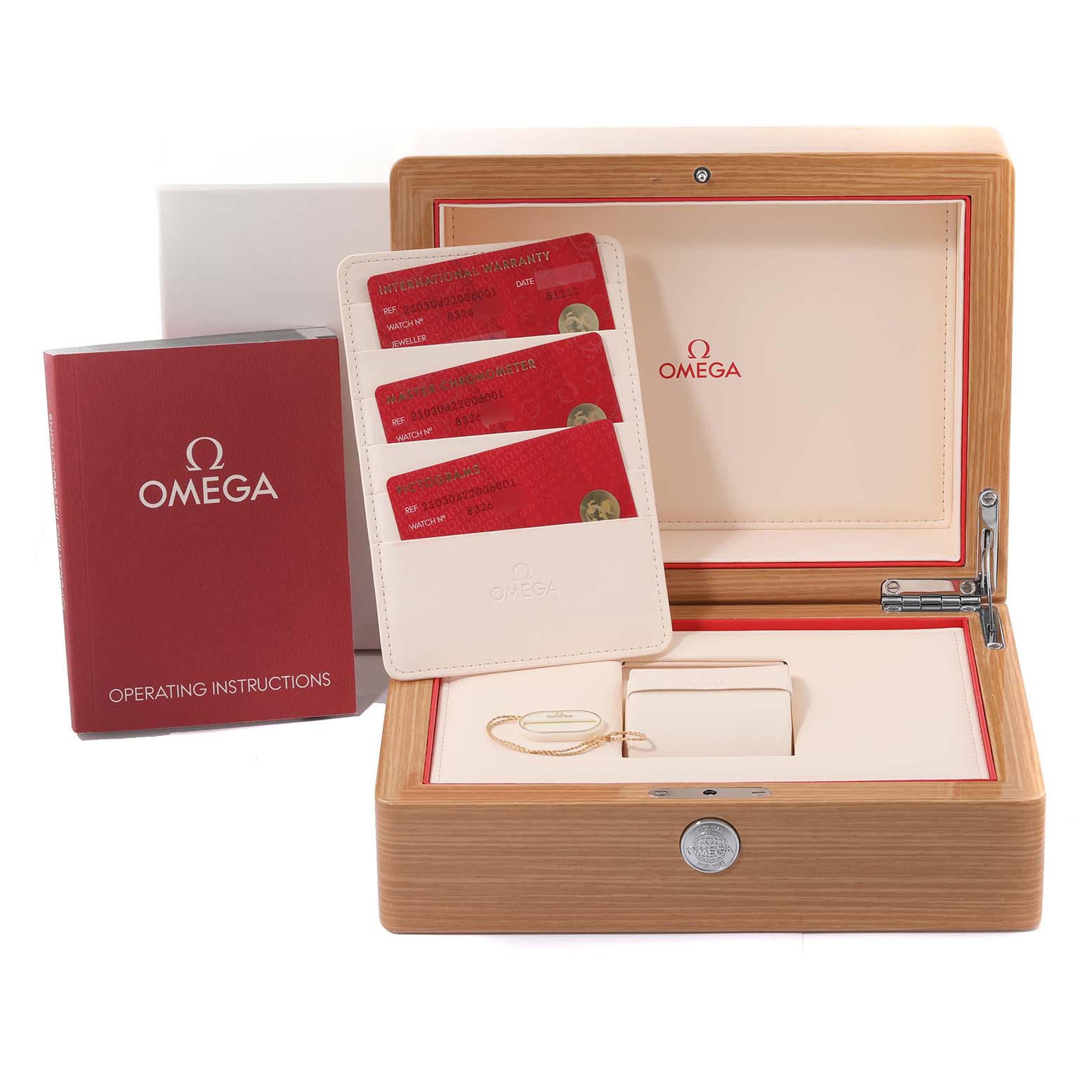 The image shows the packaging for an Omega Seamaster 210.30.42.20.06.001 Men's Stainless Steel Grey Dial 210.30.42.20.06.001 Men's Stainless Steel Grey Dial watch, including the box, warranty cards, instructions, and a tag.