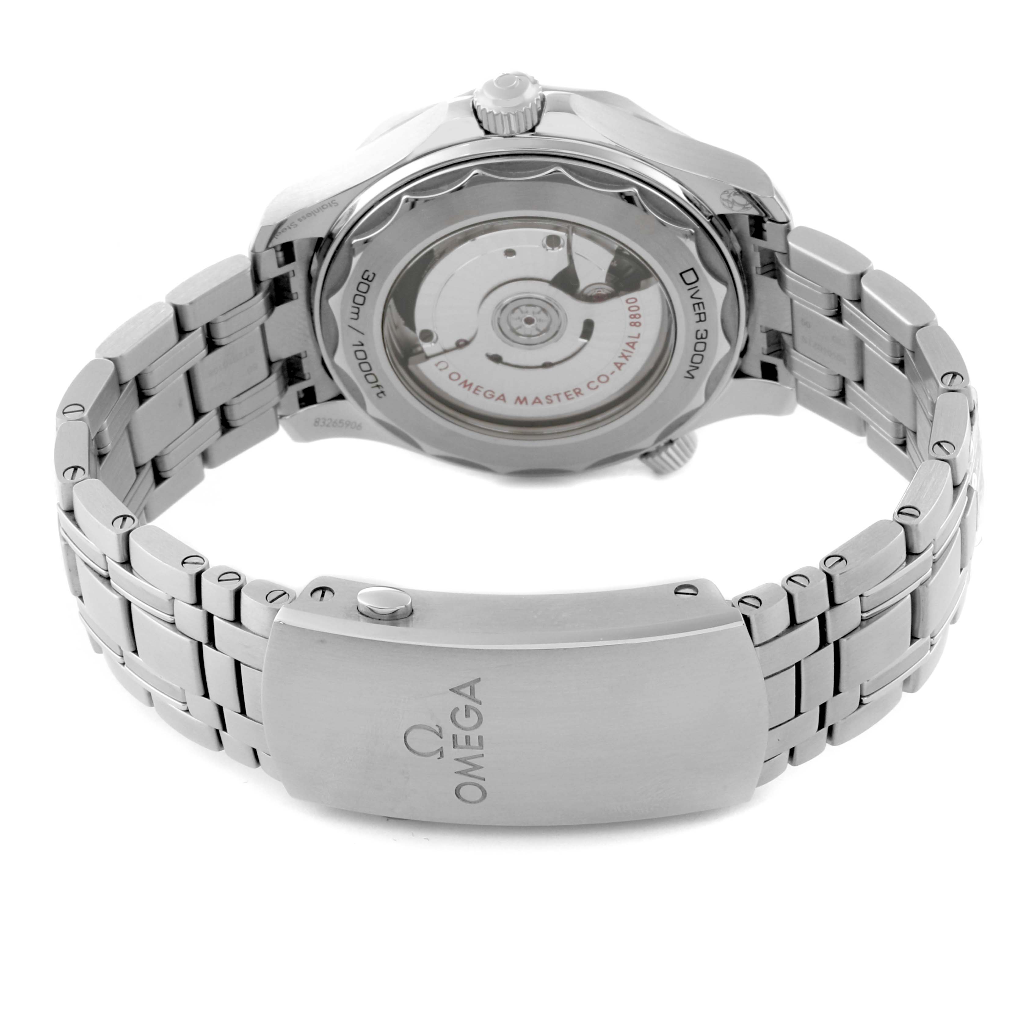 The image shows the rear view of the Omega Seamaster 210.30.42.20.06.001 Men's Stainless Steel Grey Dial 210.30.42.20.06.001 Men's Stainless Steel Grey Dial watch, highlighting its case back, bracelet, and clasp.