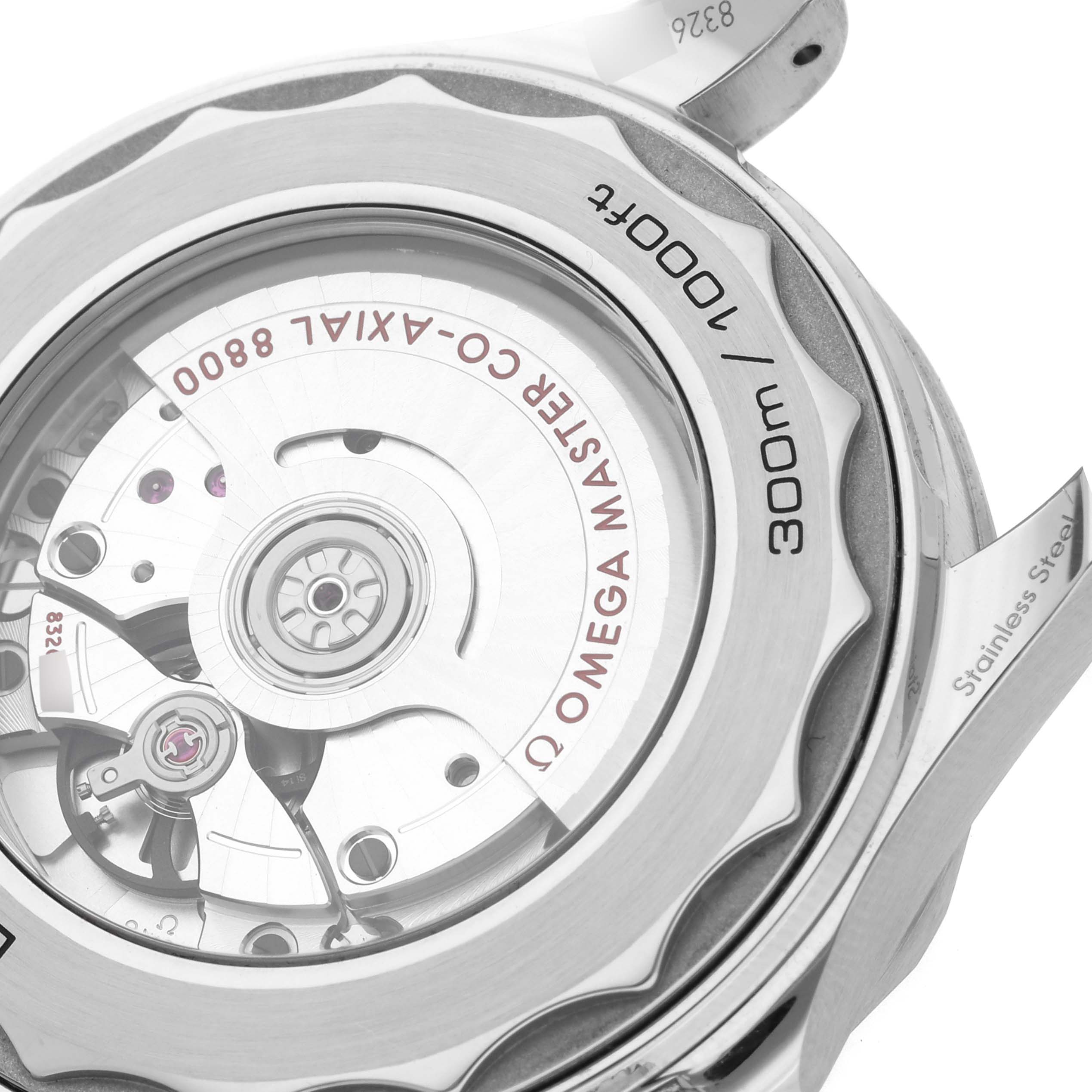 The image shows the back view of the Omega Seamaster 210.30.42.20.06.001 Men's Stainless Steel Grey Dial 210.30.42.20.06.001 Men's Stainless Steel Grey Dial watch, highlighting the movement and "300m" engraving.