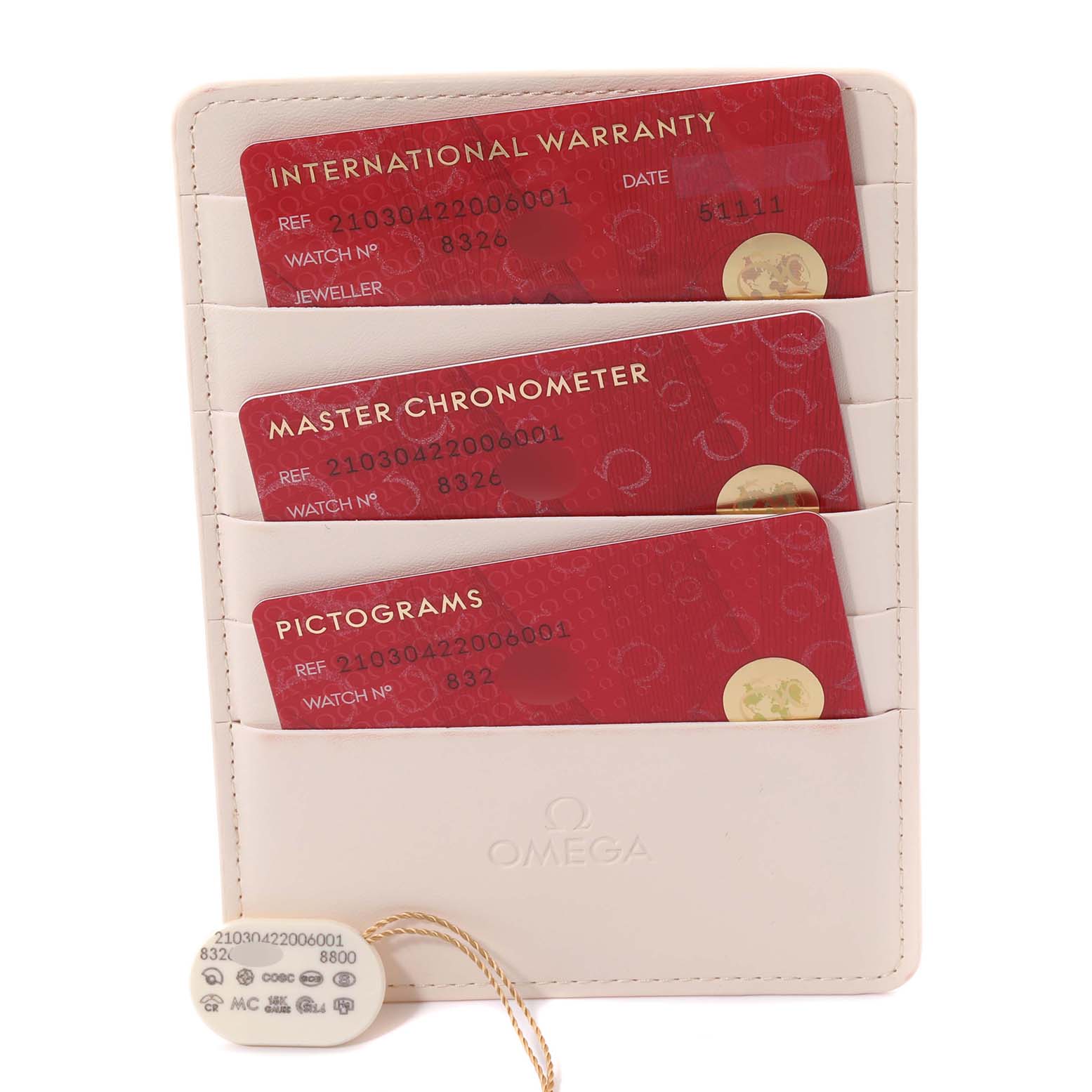 This image shows the warranty and certification cards for an Omega Seamaster 210.30.42.20.06.001 Men's Stainless Steel Grey Dial 210.30.42.20.06.001 Men's Stainless Steel Grey Dial watch in a white card holder, along with a tag.