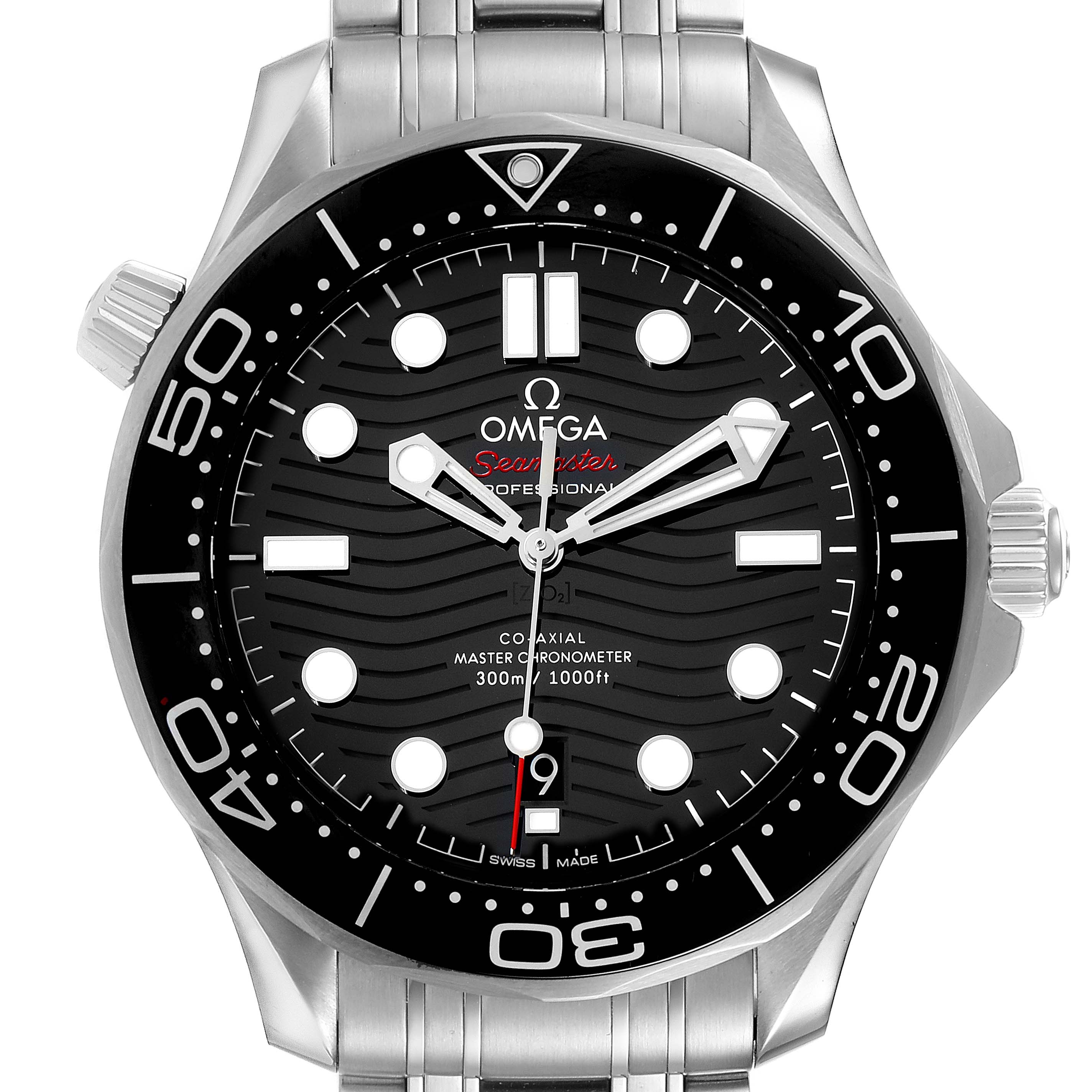 The image shows a front view of an Omega Seamaster 210.30.42.20.01.001 Men's Stainless Steel Black Dial 210.30.42.20.01.001 Men's Stainless Steel Black Dial watch, highlighting its dial, bezel, hands, and bracelet.