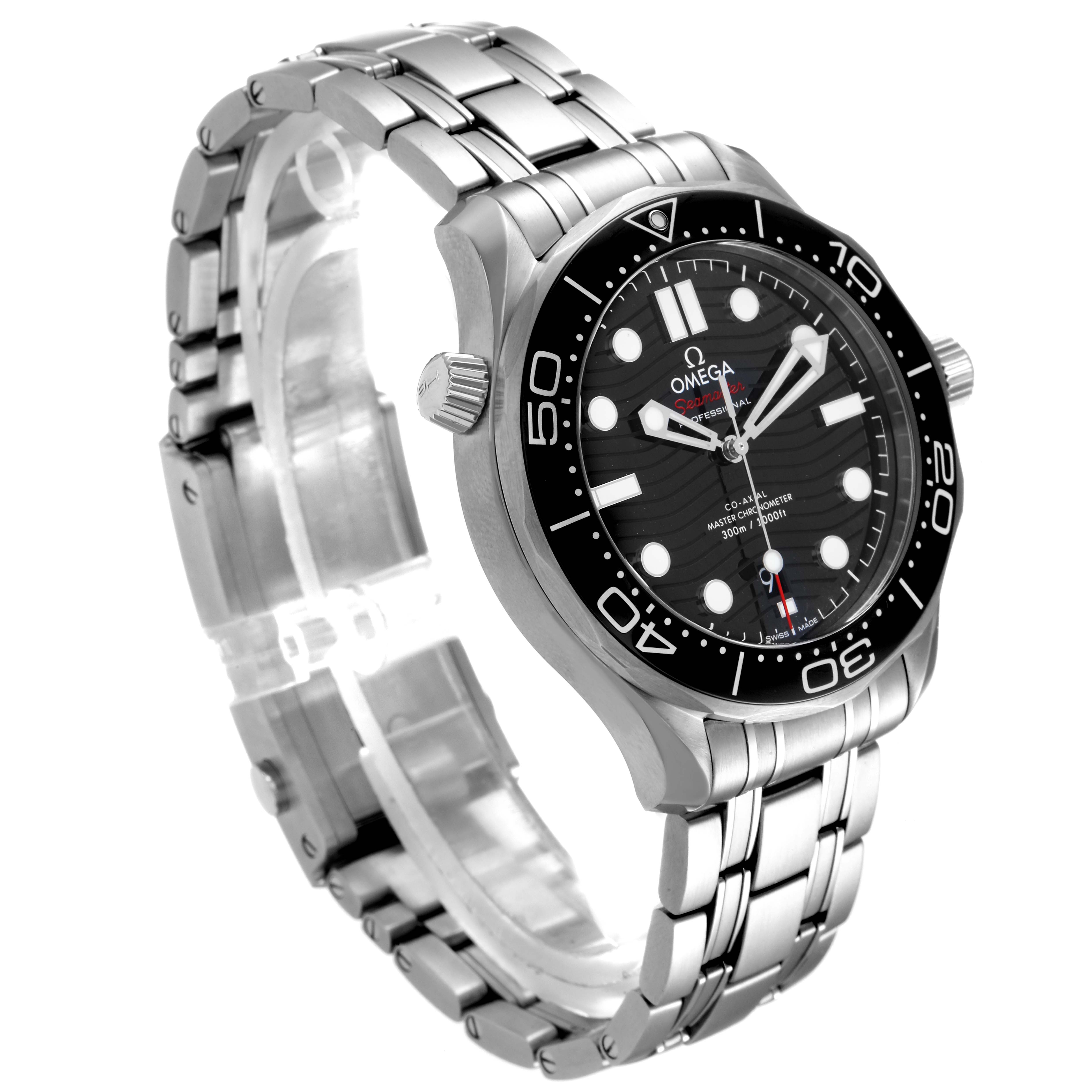 This image shows a side angle of the Omega Seamaster 210.30.42.20.01.001 Men's Stainless Steel Black Dial 210.30.42.20.01.001 Men's Stainless Steel Black Dial watch, highlighting the dial, bezel, and metal bracelet.