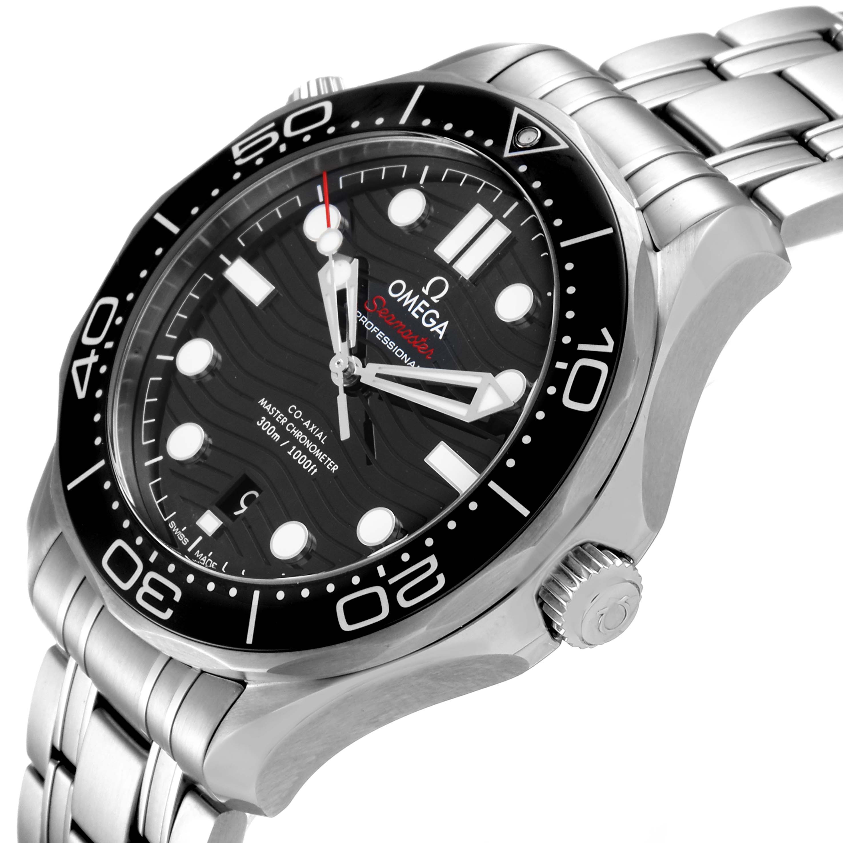 The image shows an angled close-up of the Omega Seamaster 210.30.42.20.01.001 Men's Stainless Steel Black Dial 210.30.42.20.01.001 Men's Stainless Steel Black Dial watch, highlighting the dial, bezel, and bracelet.