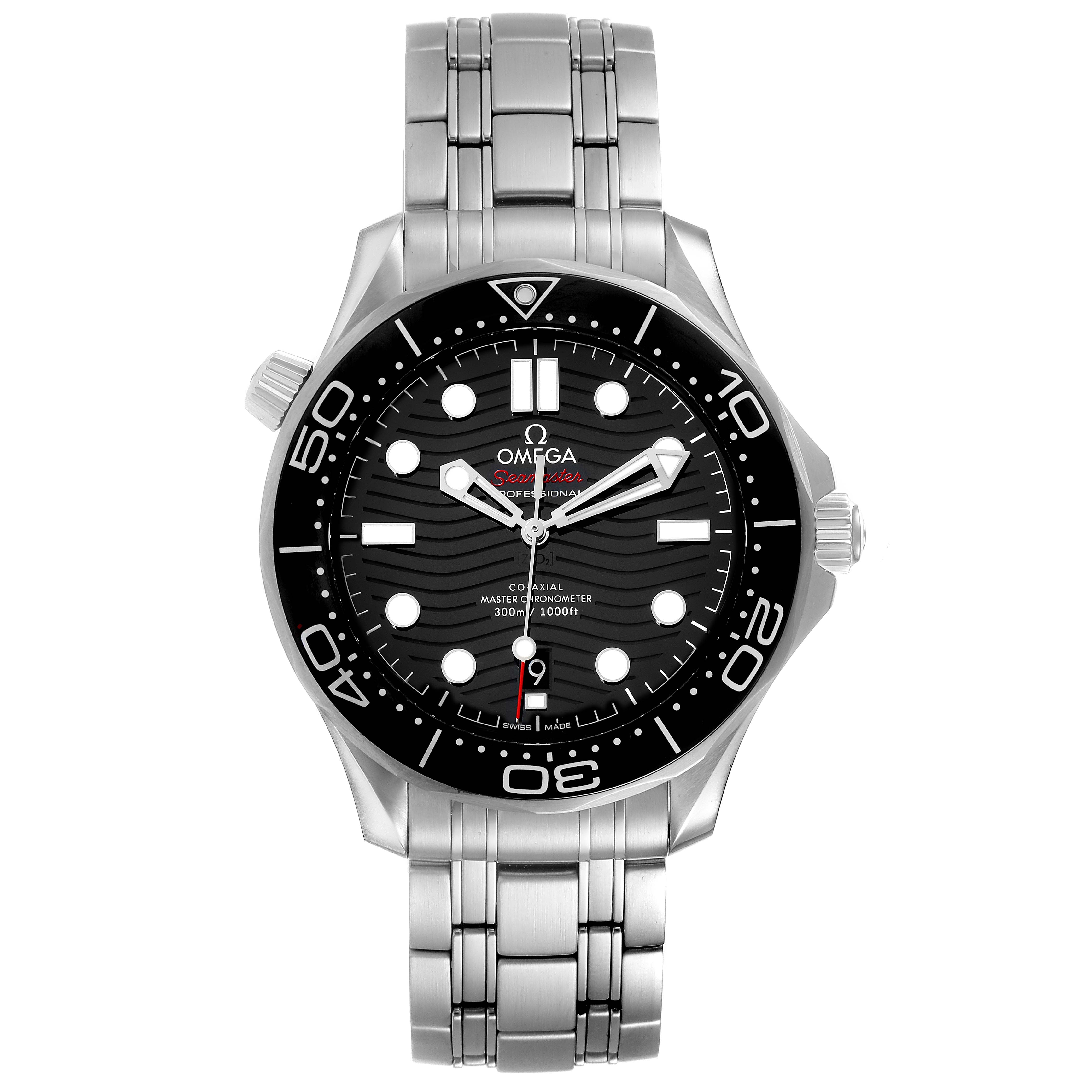 The image shows a front view of an Omega Seamaster 210.30.42.20.01.001 Men's Stainless Steel Black Dial 210.30.42.20.01.001 Men's Stainless Steel Black Dial watch, displaying its black dial, bezel, and metal bracelet.