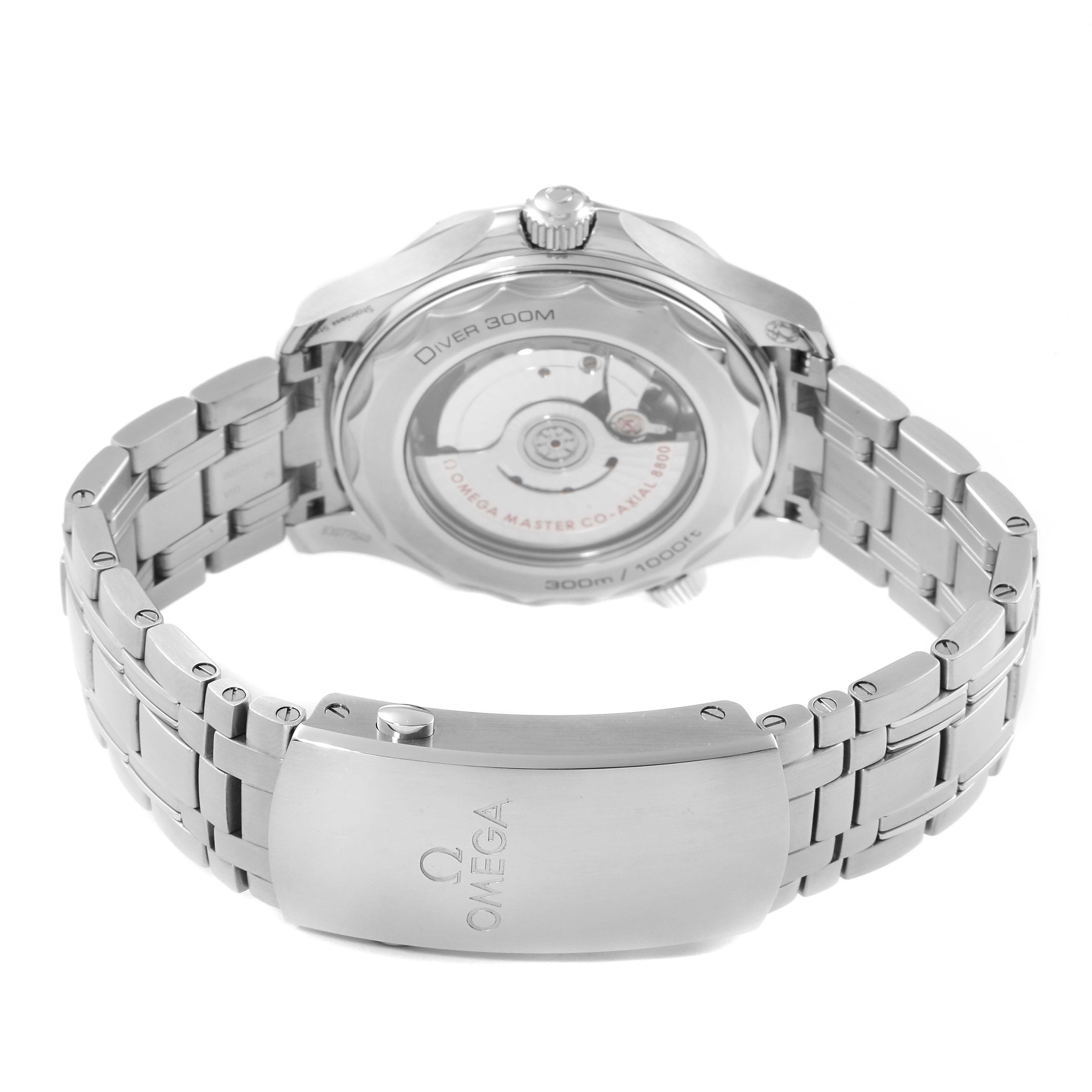 The image shows the back side of the Omega Seamaster 210.30.42.20.01.001 Men's Stainless Steel Black Dial 210.30.42.20.01.001 Men's Stainless Steel Black Dial watch, highlighting its transparent case back and stainless steel bracelet.