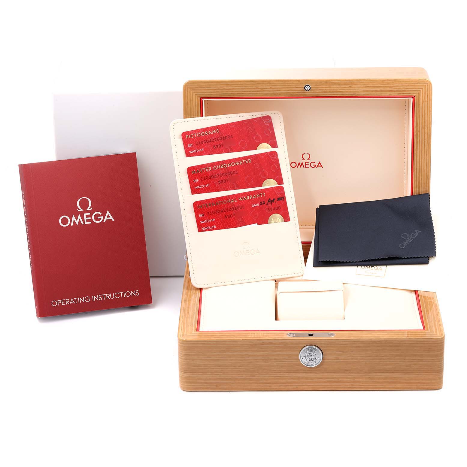 The image shows the accessories for the Omega Seamaster 210.30.42.20.01.001 Men's Stainless Steel Black Dial 210.30.42.20.01.001 Men's Stainless Steel Black Dial, including the box, operating instructions, warranty cards, and a cloth.