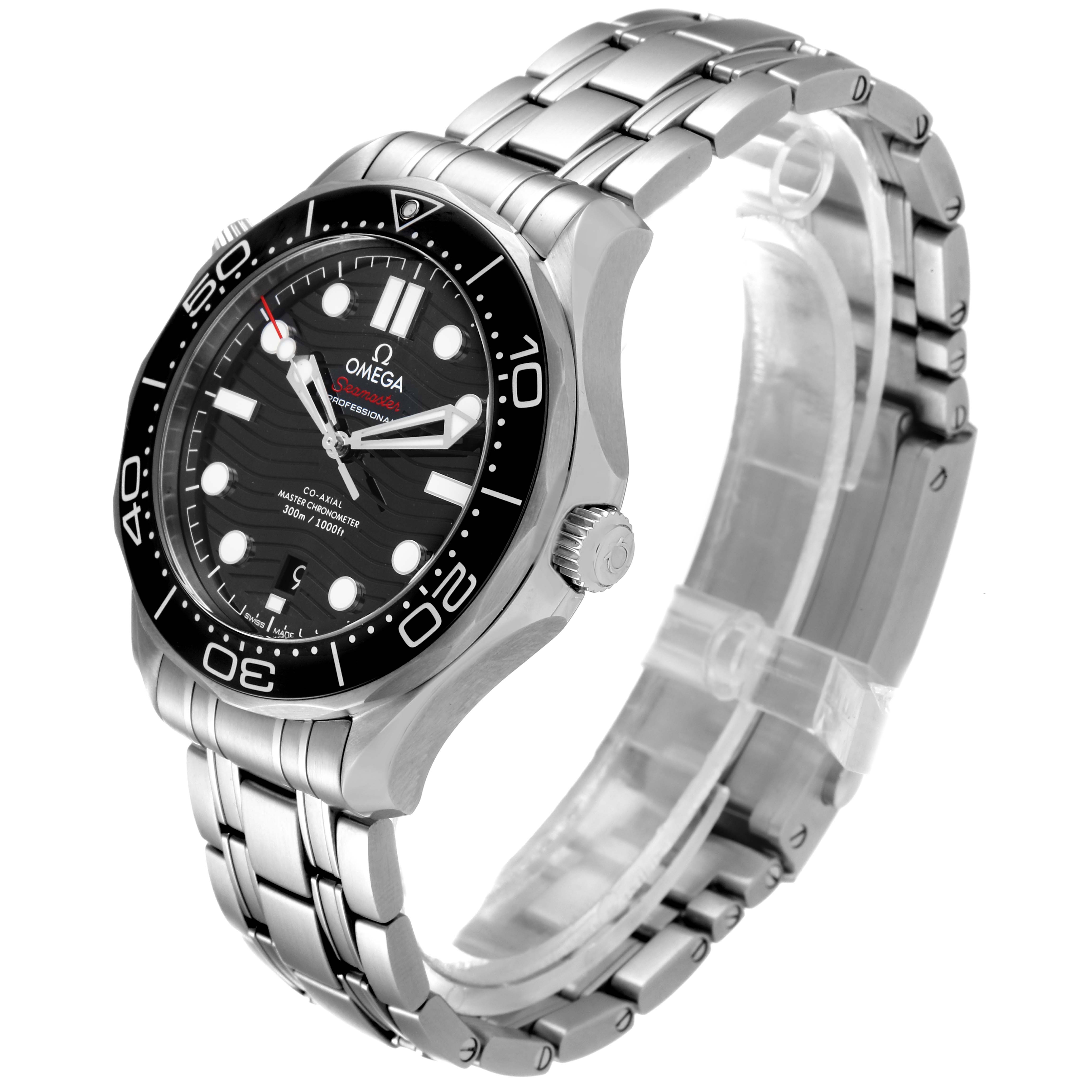 This image shows an angled view of the Omega Seamaster 210.30.42.20.01.001 Men's Stainless Steel Black Dial 210.30.42.20.01.001 Men's Stainless Steel Black Dial watch, displaying the face, bezel, crown, and bracelet links.