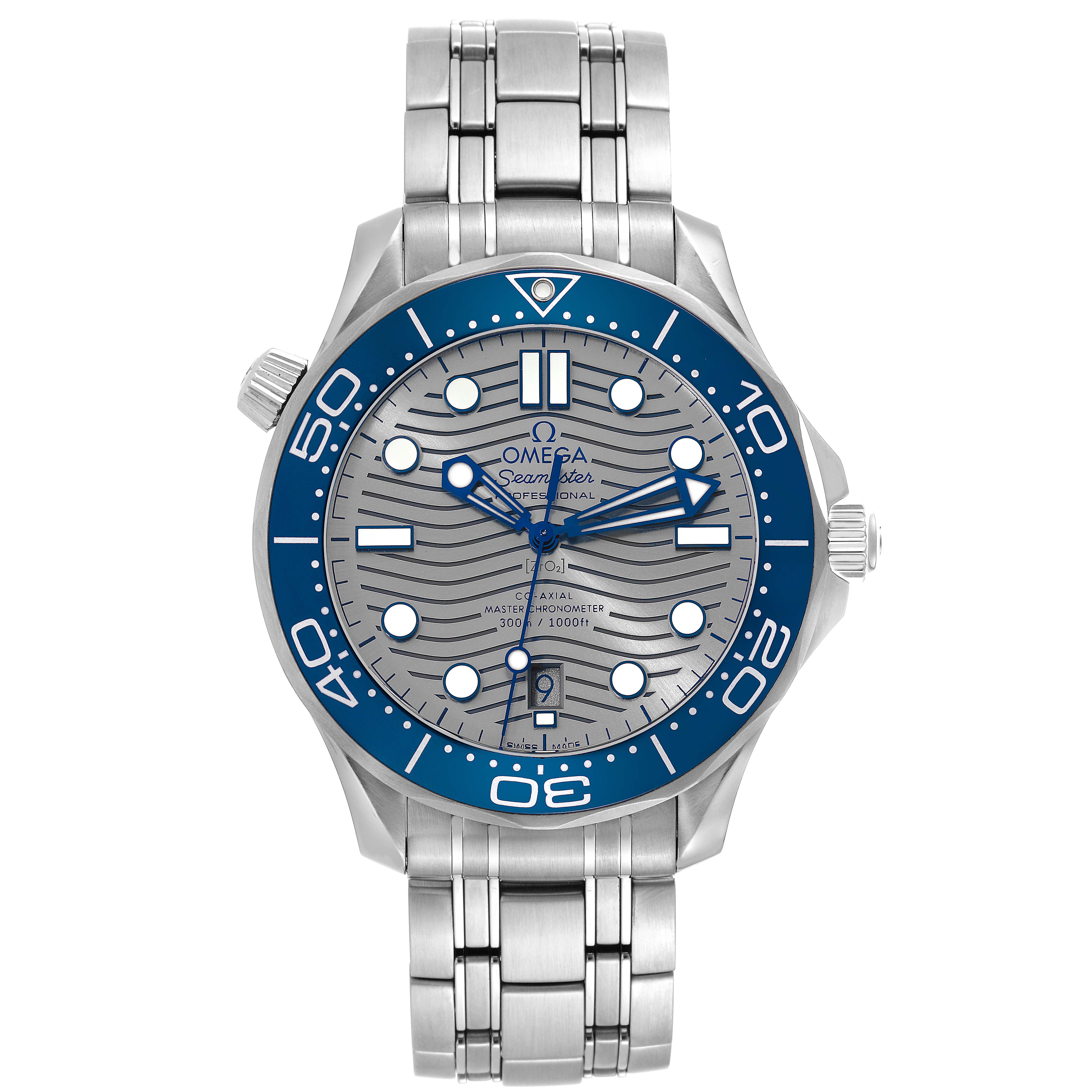 This image shows a frontal view of the Omega Seamaster 210.30.42.20.06.001 Men's Stainless Steel Grey Dial 210.30.42.20.06.001 Men's Stainless Steel Grey Dial model watch, displaying the dial, bezel, crown, and bracelet.