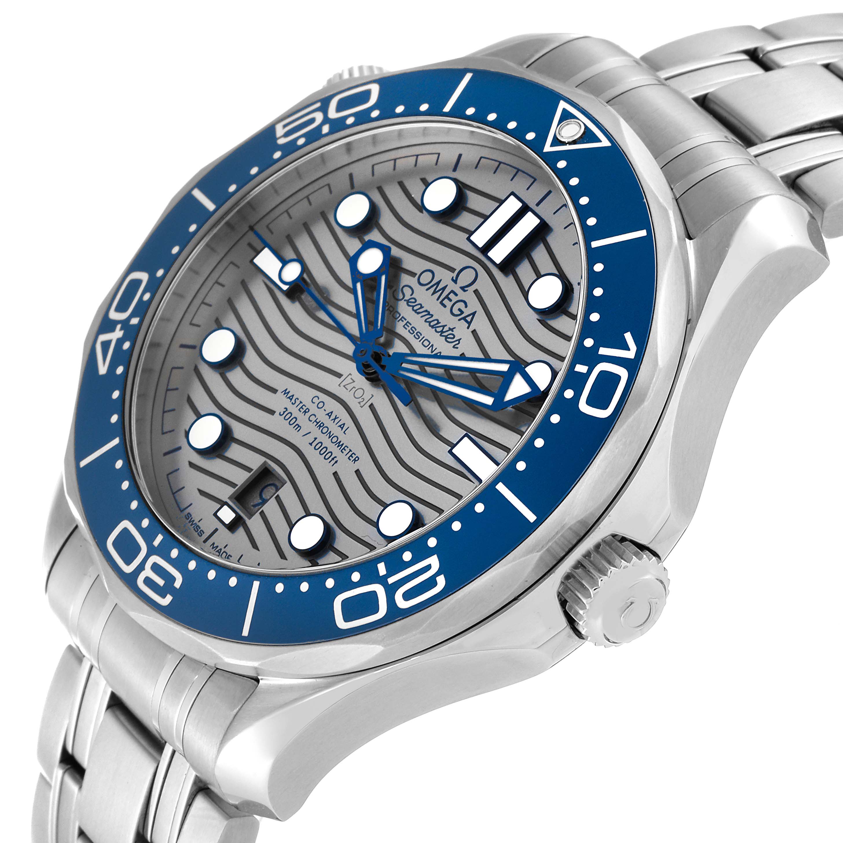 This image shows an angled view of the Omega Seamaster 210.30.42.20.06.001 Men's Stainless Steel Grey Dial 210.30.42.20.06.001 Men's Stainless Steel Grey Dial watch, highlighting its dial, bezel, crown, and part of the bracelet.