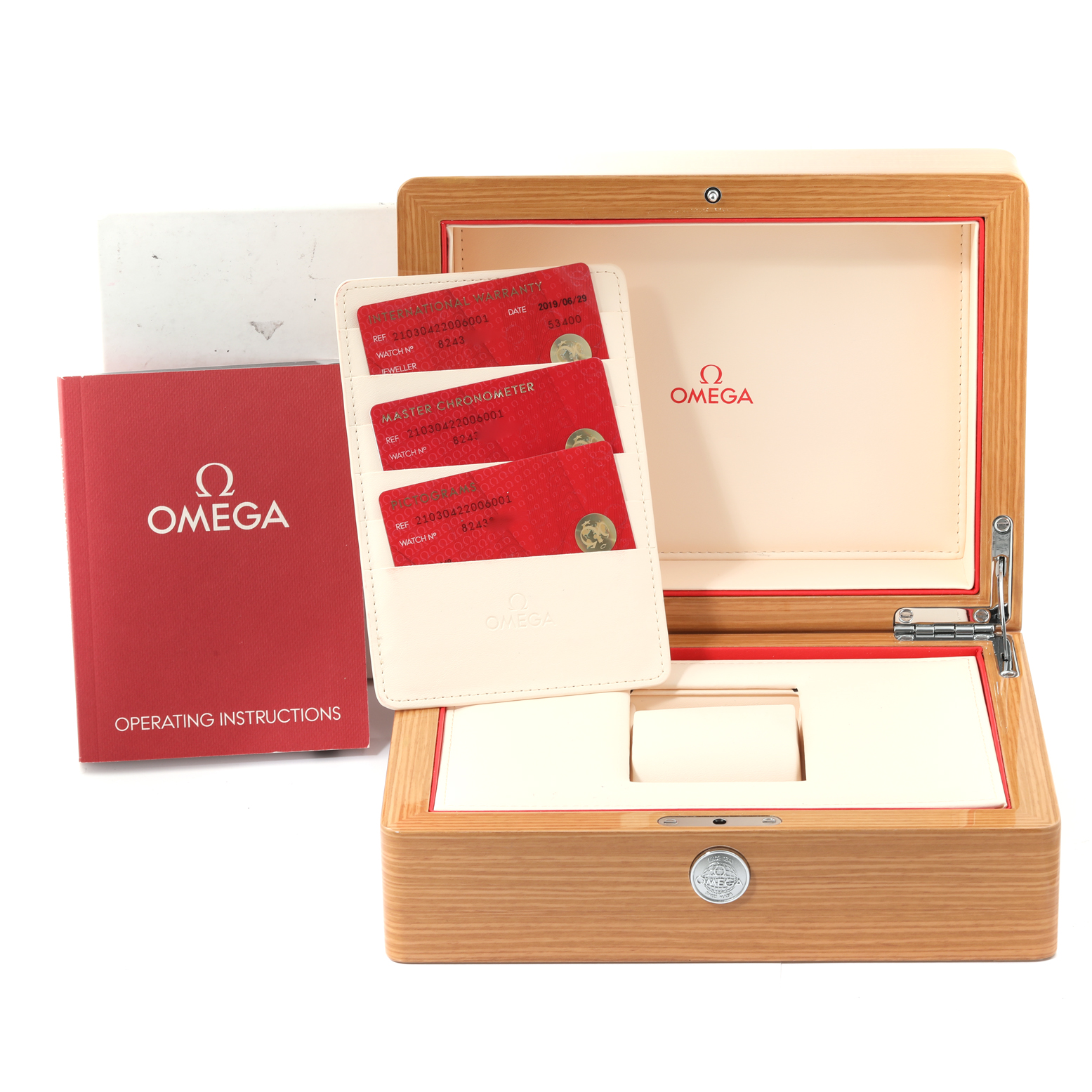 This image shows the box, warranty cards, and operating instructions for the Omega Seamaster 210.30.42.20.06.001 Men's Stainless Steel Grey Dial 210.30.42.20.06.001 Men's Stainless Steel Grey Dial watch.