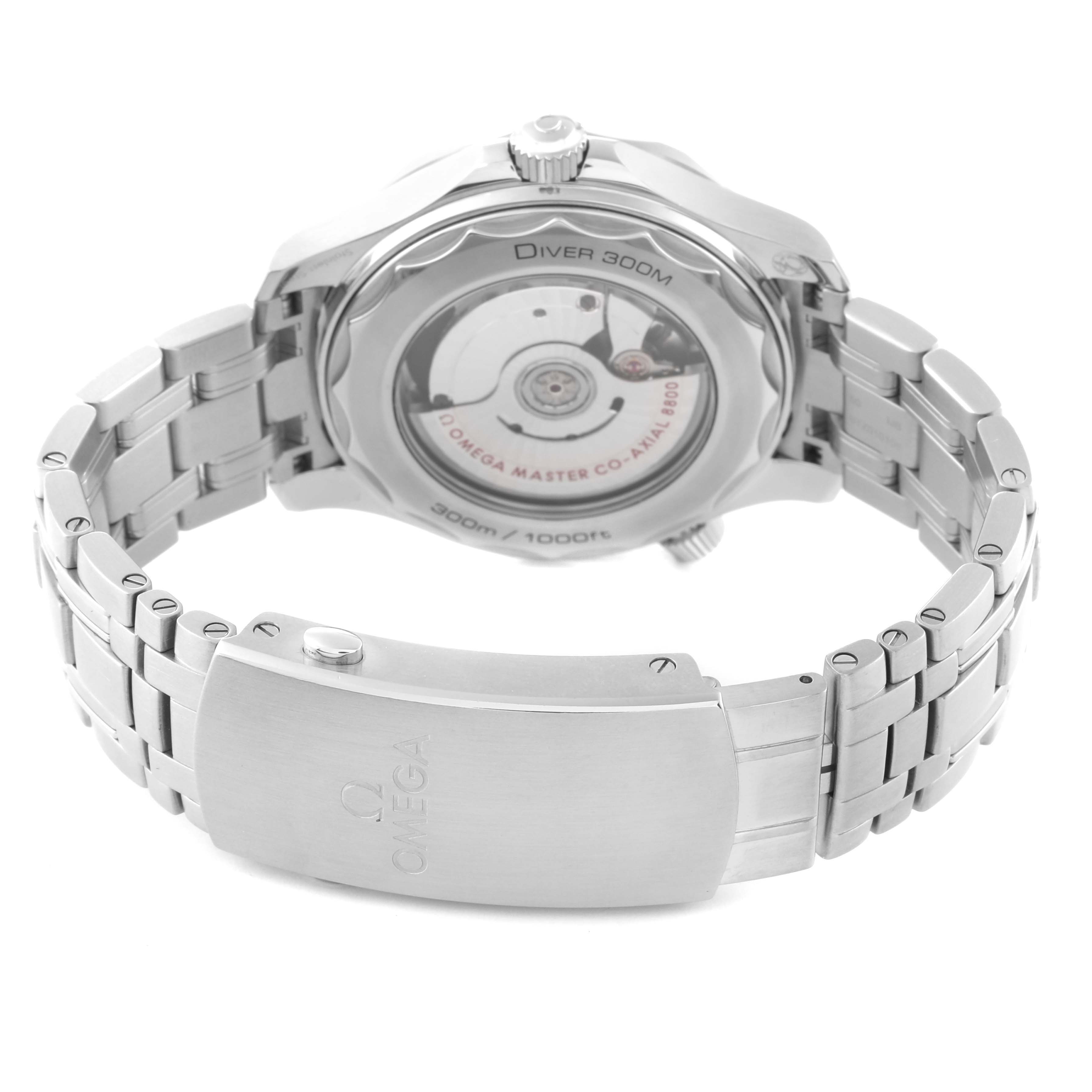 This image shows the back case and bracelet of an Omega Seamaster 210.30.42.20.06.001 Men's Stainless Steel Grey Dial 210.30.42.20.06.001 Men's Stainless Steel Grey Dial watch, highlighting the clasp and the movement through a transparent case back.