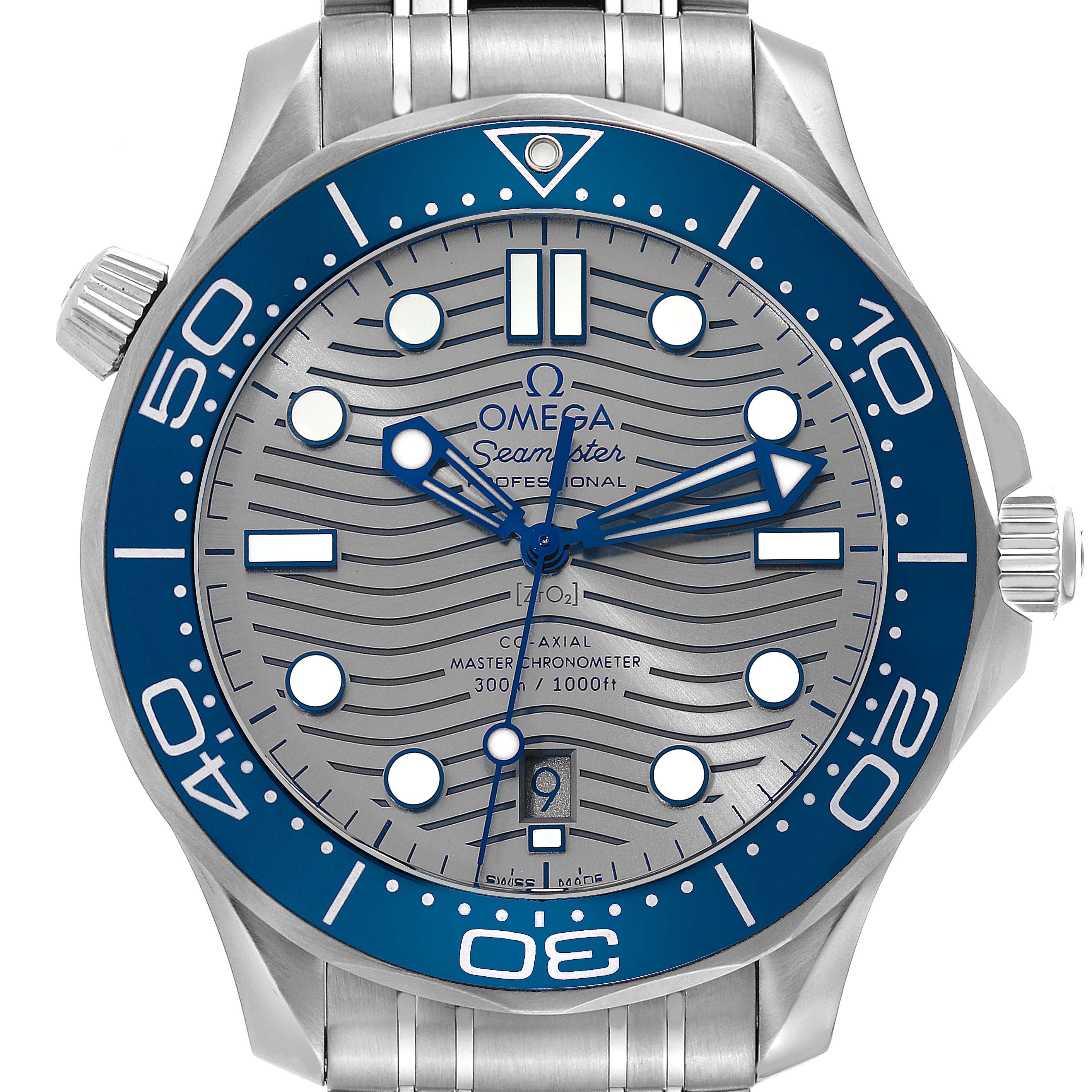 The image shows a front view of an Omega Seamaster 210.30.42.20.06.001 Men's Stainless Steel Grey Dial 210.30.42.20.06.001 Men's Stainless Steel Grey Dial watch, highlighting the dial, bezel, and part of the bracelet.