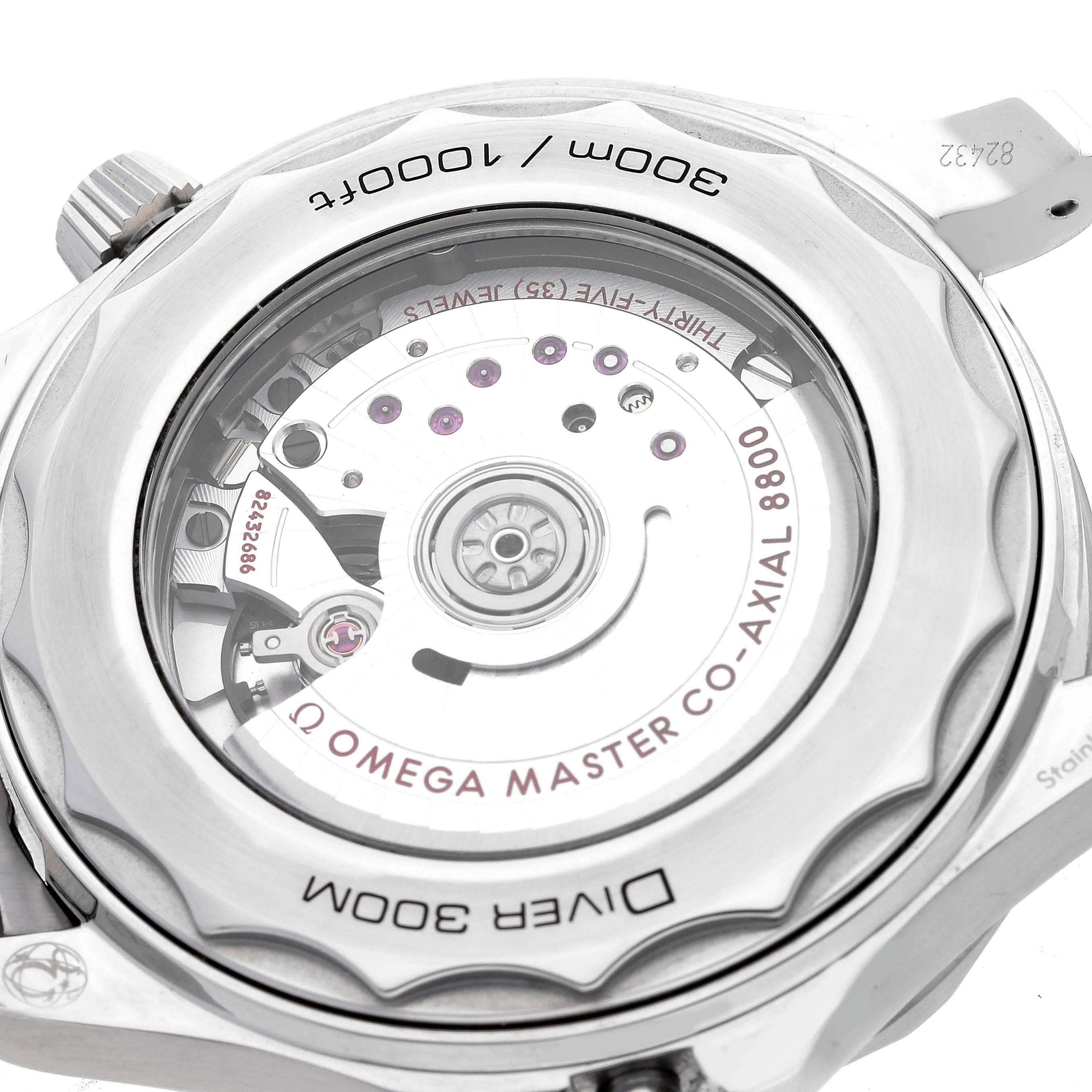 This image shows the back case of an Omega Seamaster 210.30.42.20.06.001 Men's Stainless Steel Grey Dial 210.30.42.20.06.001 Men's Stainless Steel Grey Dial watch, highlighting the visible movement and engraving details.