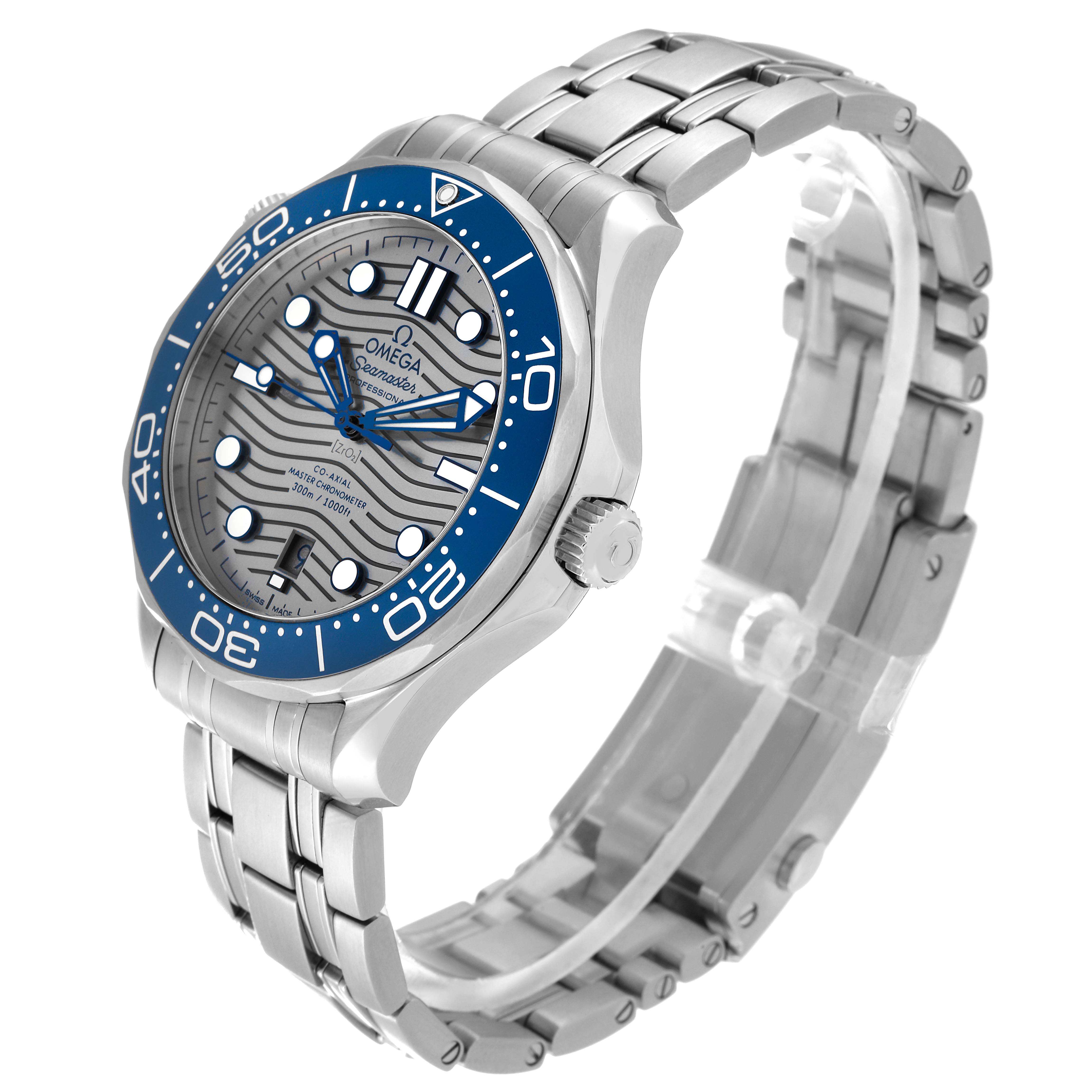 The Omega Seamaster 210.30.42.20.06.001 Men's Stainless Steel Grey Dial 210.30.42.20.06.001 Men's Stainless Steel Grey Dial watch is shown from an angled side view, displaying the watch face, bezel, bracelet, and crown.