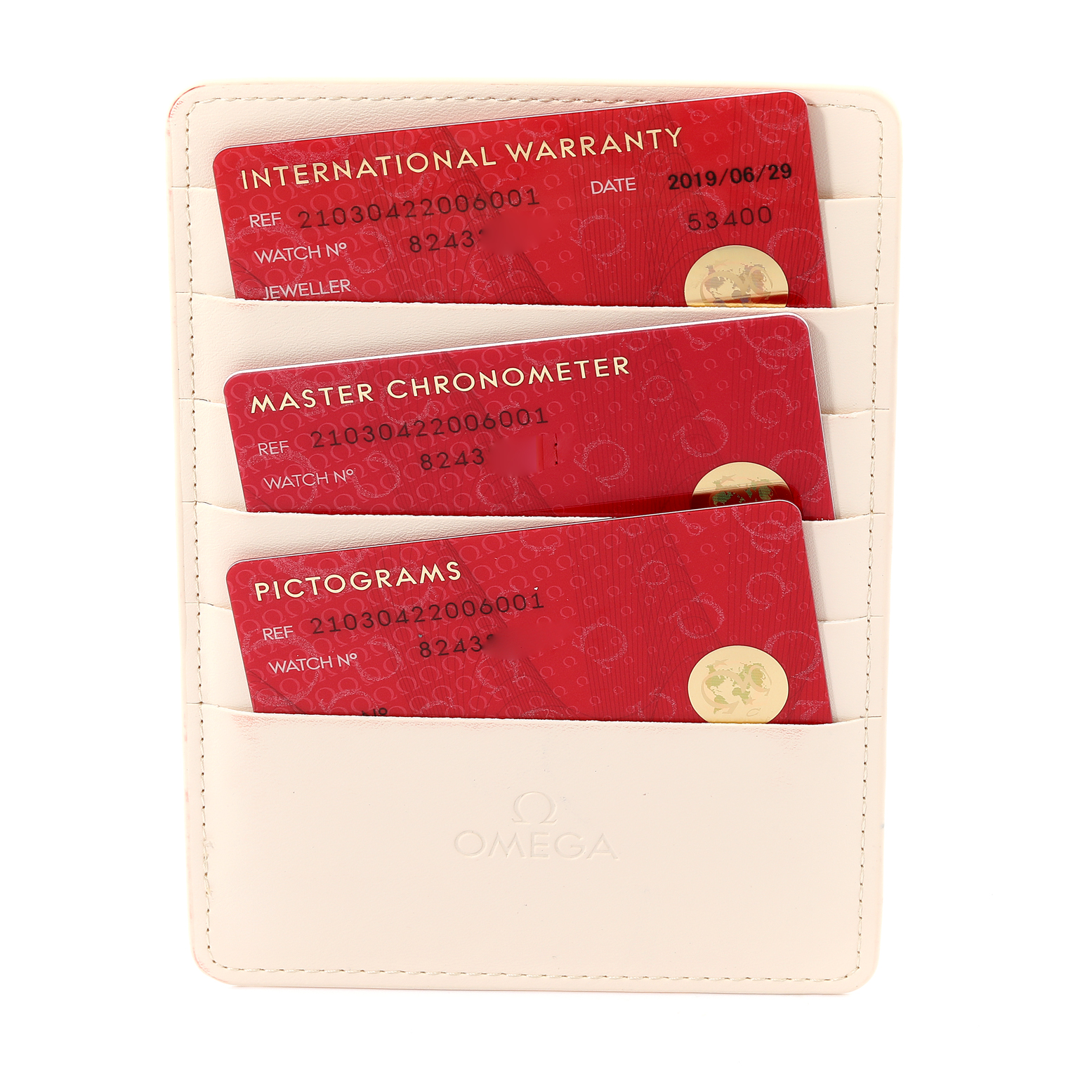 The image shows warranty and certification cards in a holder for an Omega Seamaster 210.30.42.20.06.001 Men's Stainless Steel Grey Dial 210.30.42.20.06.001 Men's Stainless Steel Grey Dial model watch.