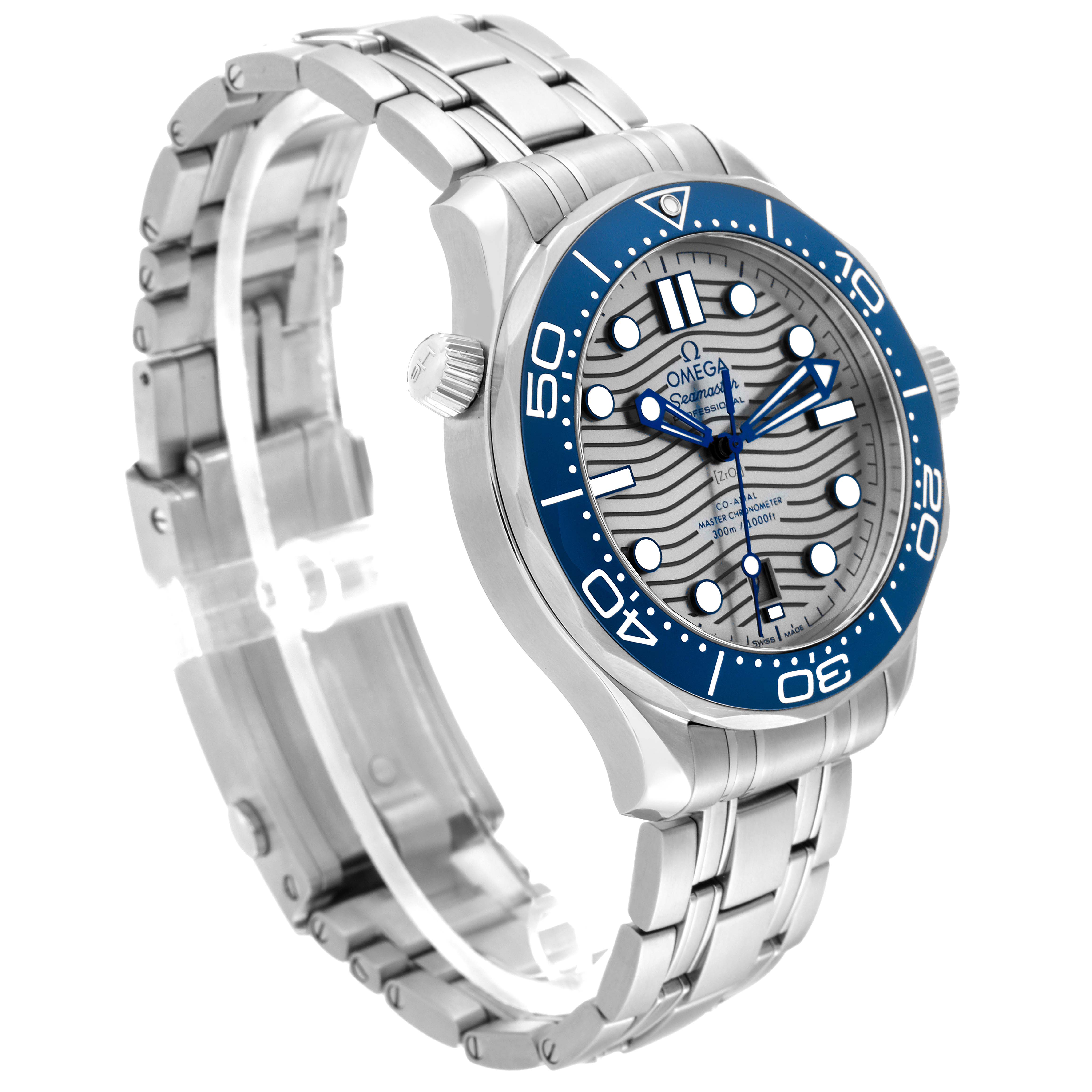 The Omega Seamaster 210.30.42.20.06.001 Men's Stainless Steel Grey Dial 210.30.42.20.06.001 Men's Stainless Steel Grey Dial watch is shown from a three-quarter angle, displaying the bracelet, bezel, and face with blue and silver accents.