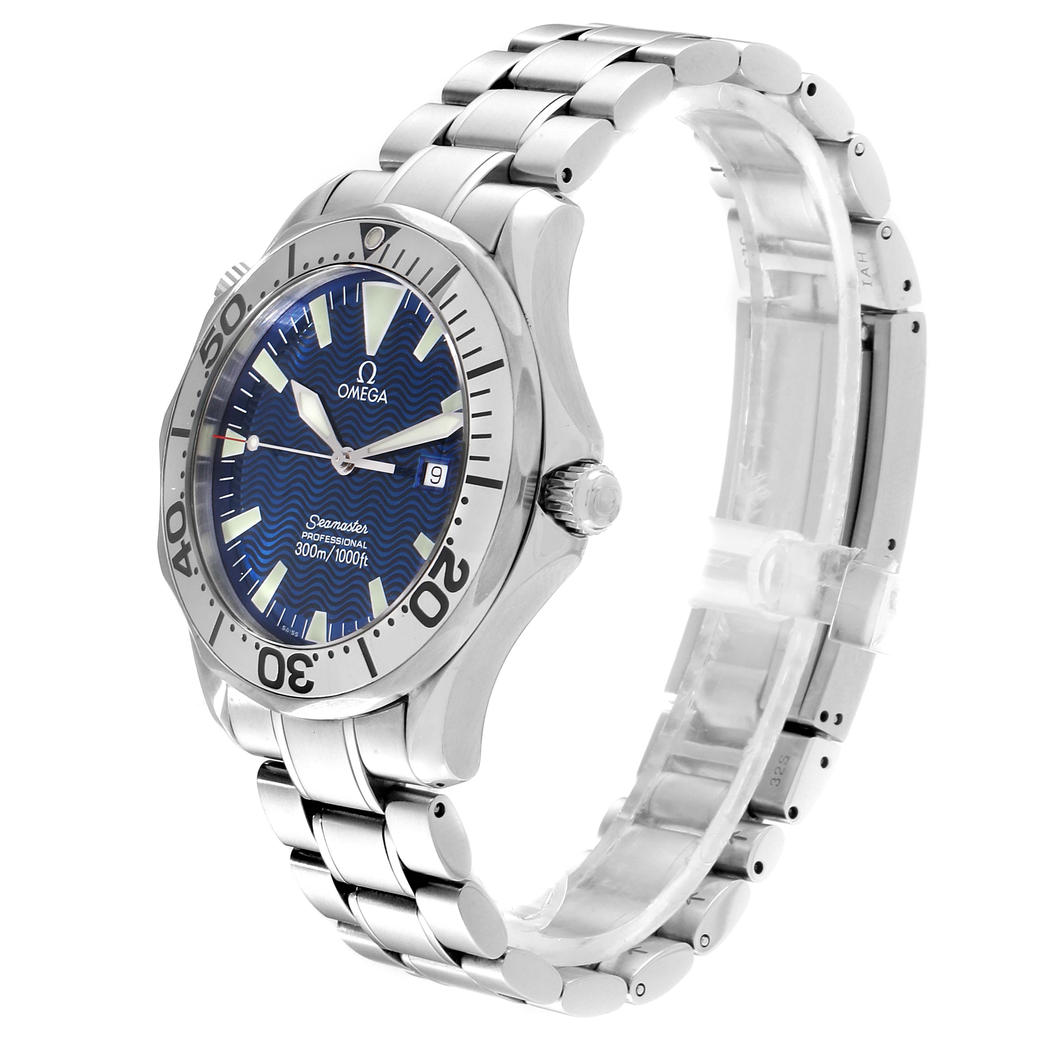 The Omega Seamaster 2265.80.00 Men
s Stainless Steel Blue Dial 2265.80.00 Men
s Stainless Steel Blue Dial watch is shown at a three-quarter angle, displaying the dial, bezel, crown, and stainless steel bracelet.