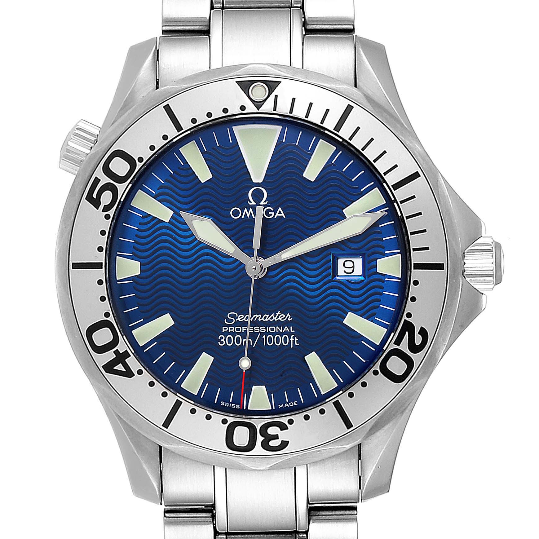 The image shows a front view of the Omega Seamaster 2265.80.00 Men
s Stainless Steel Blue Dial 2265.80.00 Men
s Stainless Steel Blue Dial watch, displaying its face, bezel, hands, and part of its bracelet.