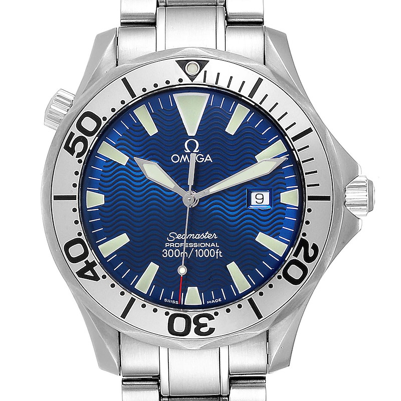 Omega Seamaster Electric Blue Wave Dial Mens Watch 2265.80.00 Card SwissWatchExpo