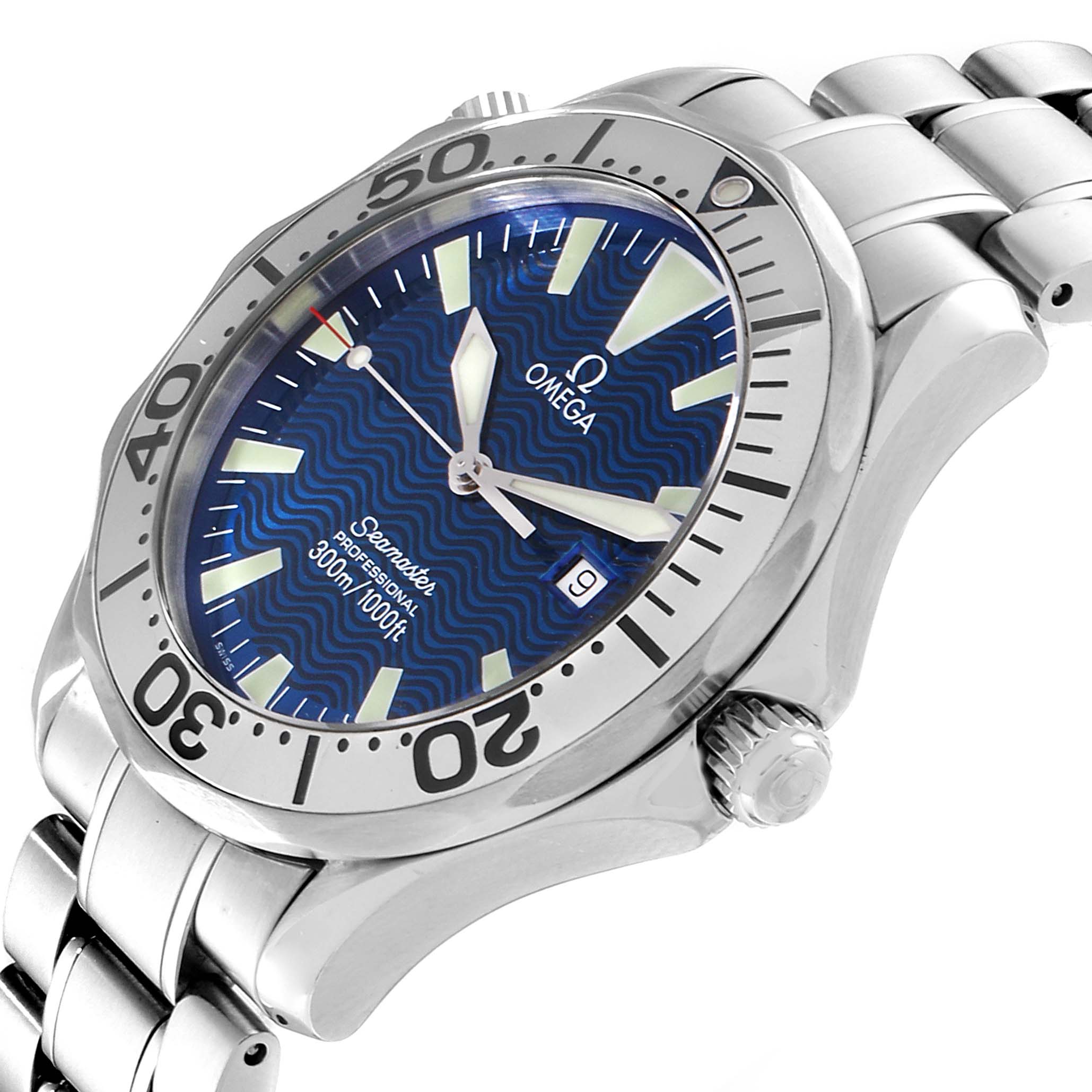 The image shows an angled close-up of the Omega Seamaster 2265.80.00 Men
s Stainless Steel Blue Dial 2265.80.00 Men
s Stainless Steel Blue Dial watch, highlighting the dial, bezel, crown, and part of the bracelet.