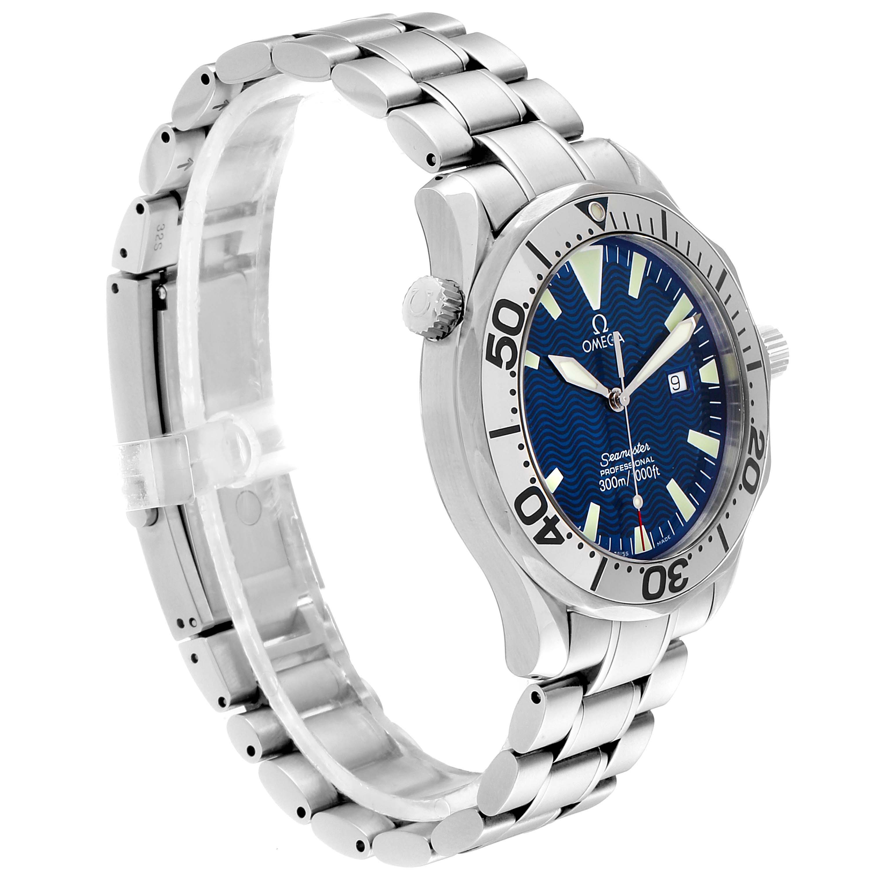 The Omega Seamaster 2265.80.00 Men
s Stainless Steel Blue Dial 2265.80.00 Men
s Stainless Steel Blue Dial watch is shown at a side angle, highlighting the stainless steel bracelet, bezel, and crown.