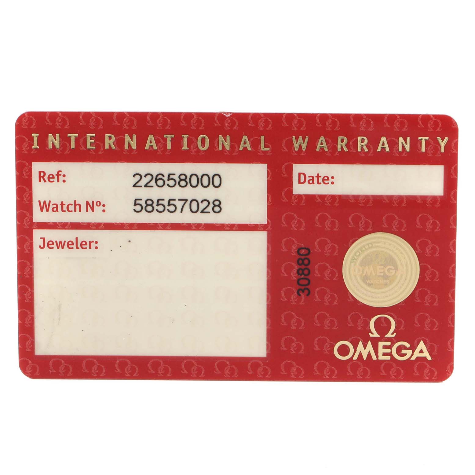 The image is of an Omega International Warranty card for a Seamaster model.