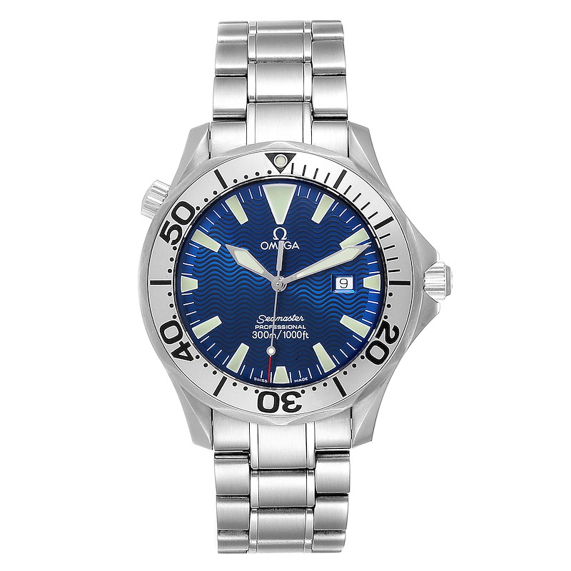 Omega Seamaster Electric Blue Wave Dial Mens Watch 2265.80.00 Card SwissWatchExpo