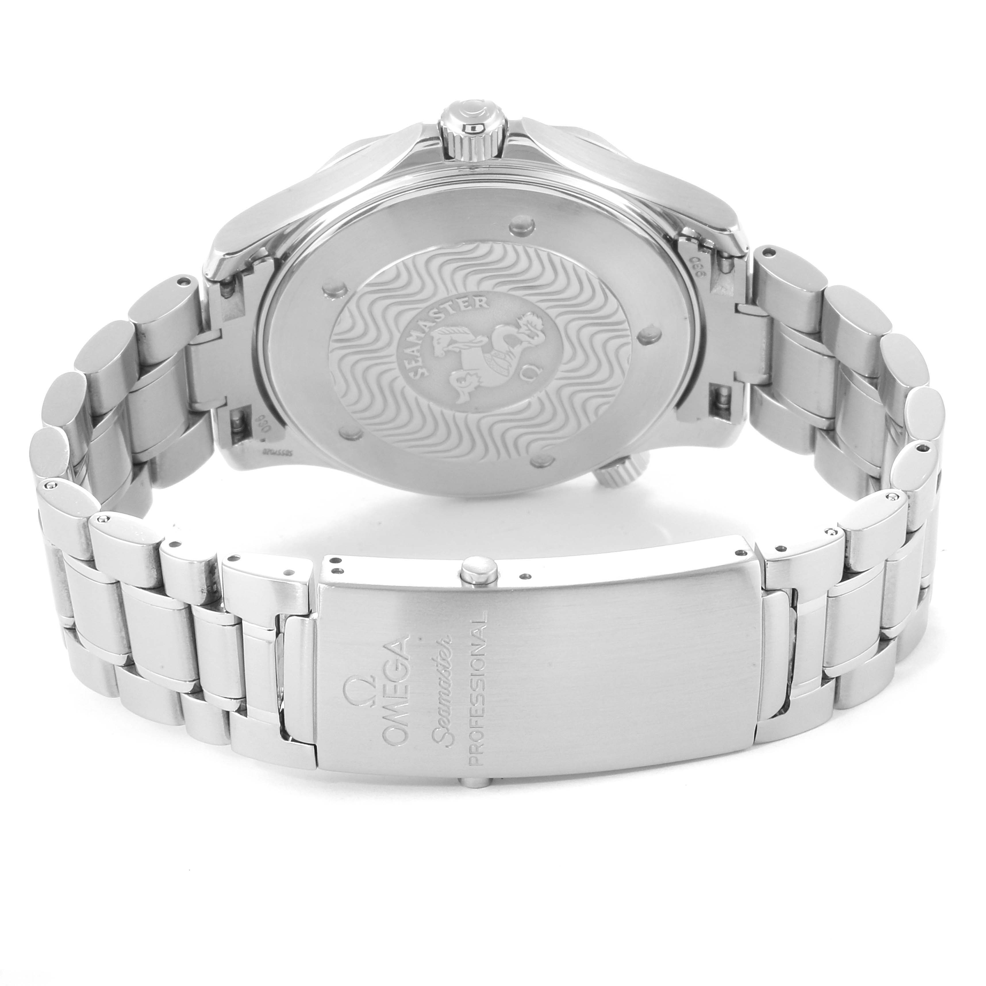 The image shows the back and bracelet of the Omega Seamaster 2265.80.00 Men
s Stainless Steel Blue Dial 2265.80.00 Men
s Stainless Steel Blue Dial watch, highlighting the case back and deployment clasp.