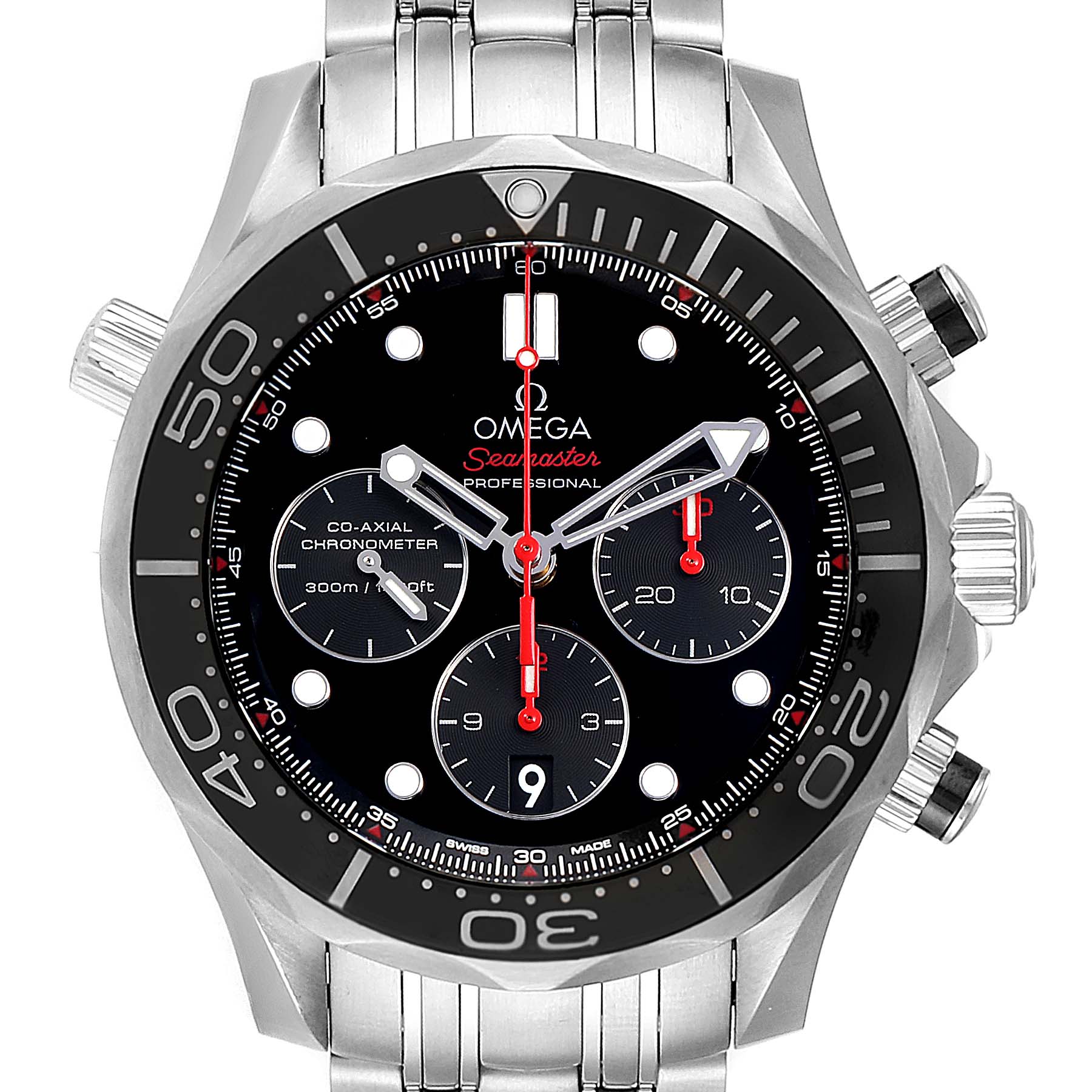 The image shows a straight-on view of an Omega Seamaster 212.30.44.50.01.001 Men
s Stainless Steel Black Dial 212.30.44.50.01.001 Men
s Stainless Steel Black Dial watch featuring its face, bezel, and part of its bracelet.