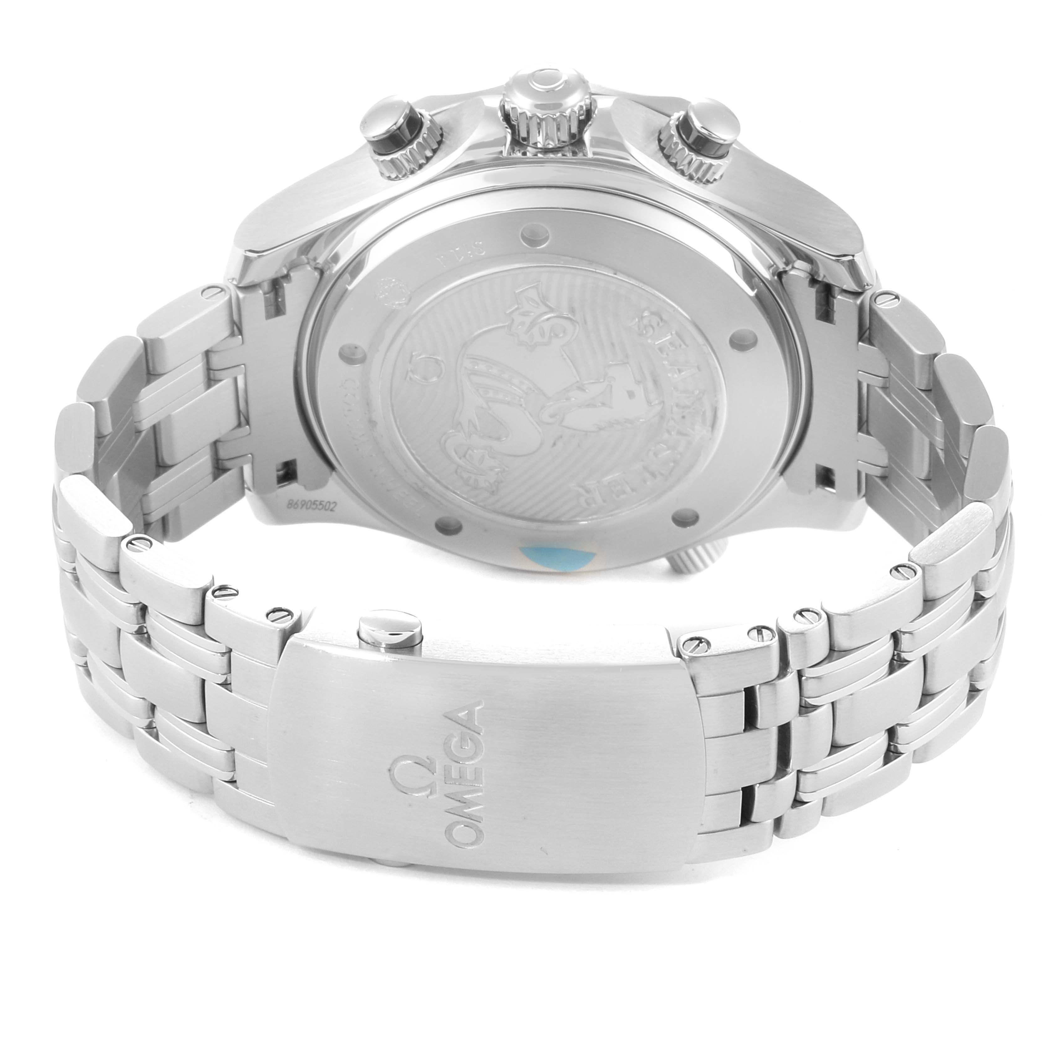 The image shows the back case, crown, and bracelet clasp of the Omega Seamaster 212.30.44.50.01.001 Men
s Stainless Steel Black Dial 212.30.44.50.01.001 Men
s Stainless Steel Black Dial watch.